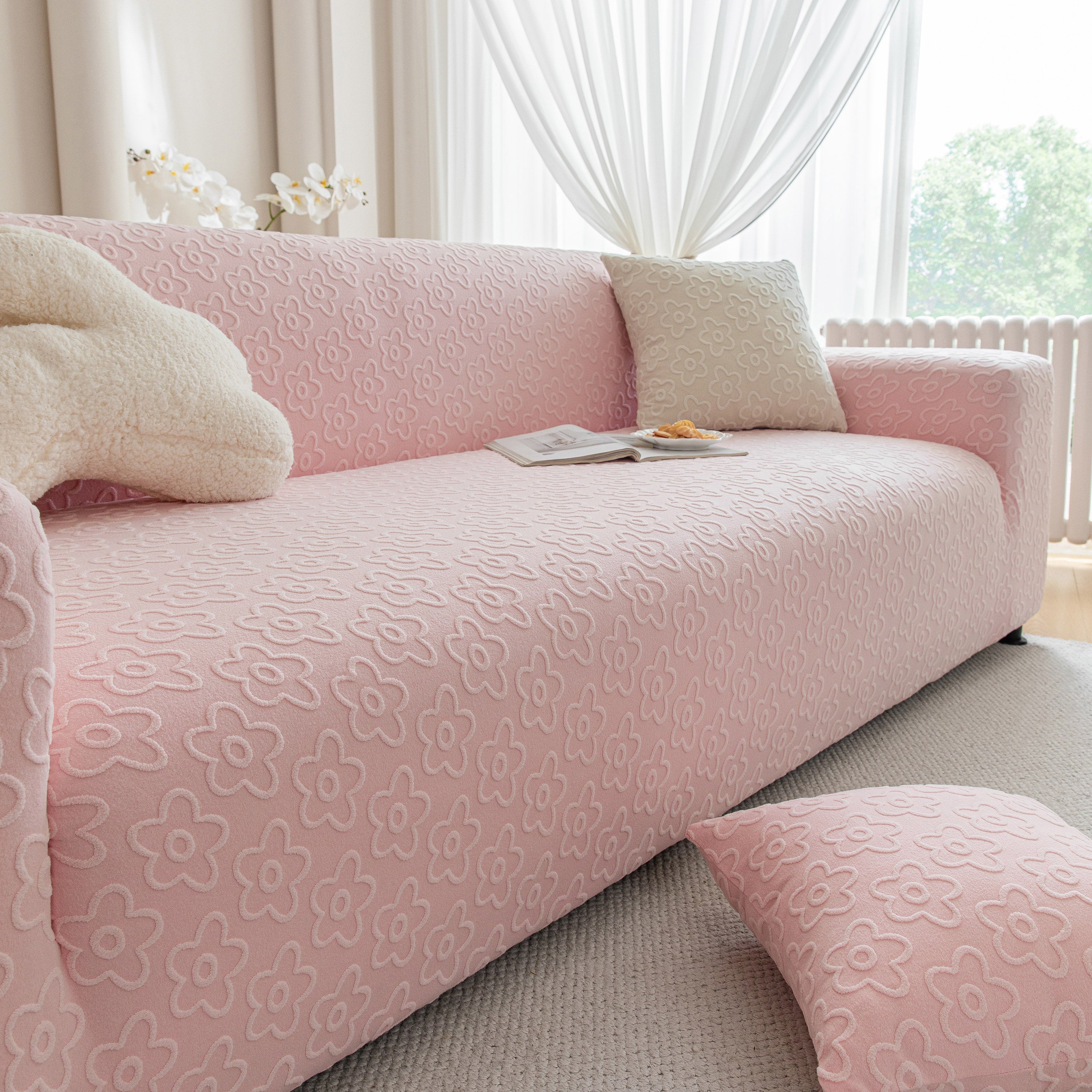High Stretch Jacquard Sofa Slipcover, Soft Spandex Textured Floral Couch Cover - Image 54