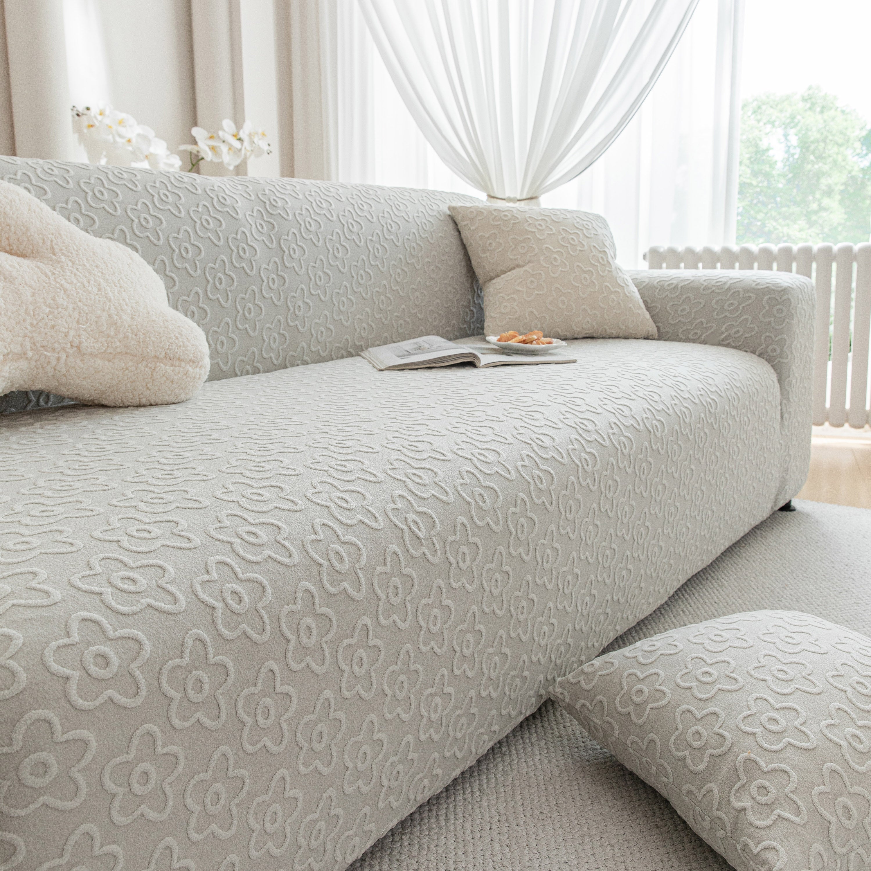 High Stretch Jacquard Sofa Slipcover, Soft Spandex Textured Floral Couch Cover - Image 73