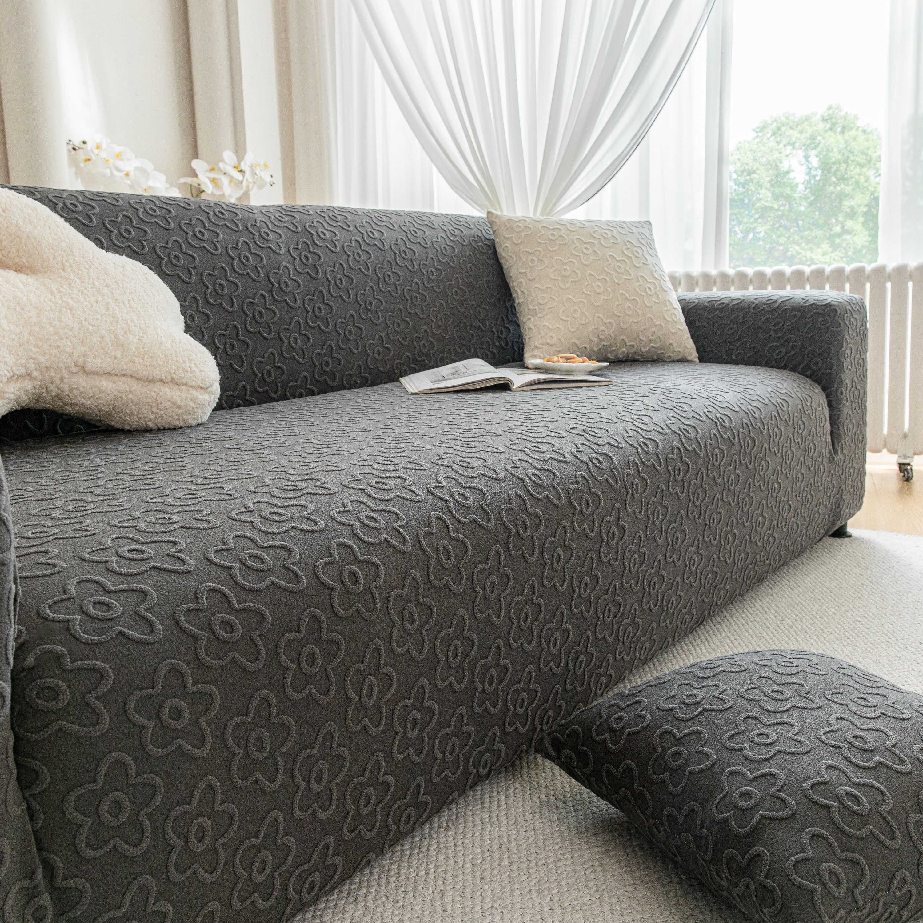 High Stretch Jacquard Sofa Slipcover, Soft Spandex Textured Floral Couch Cover - Image 93