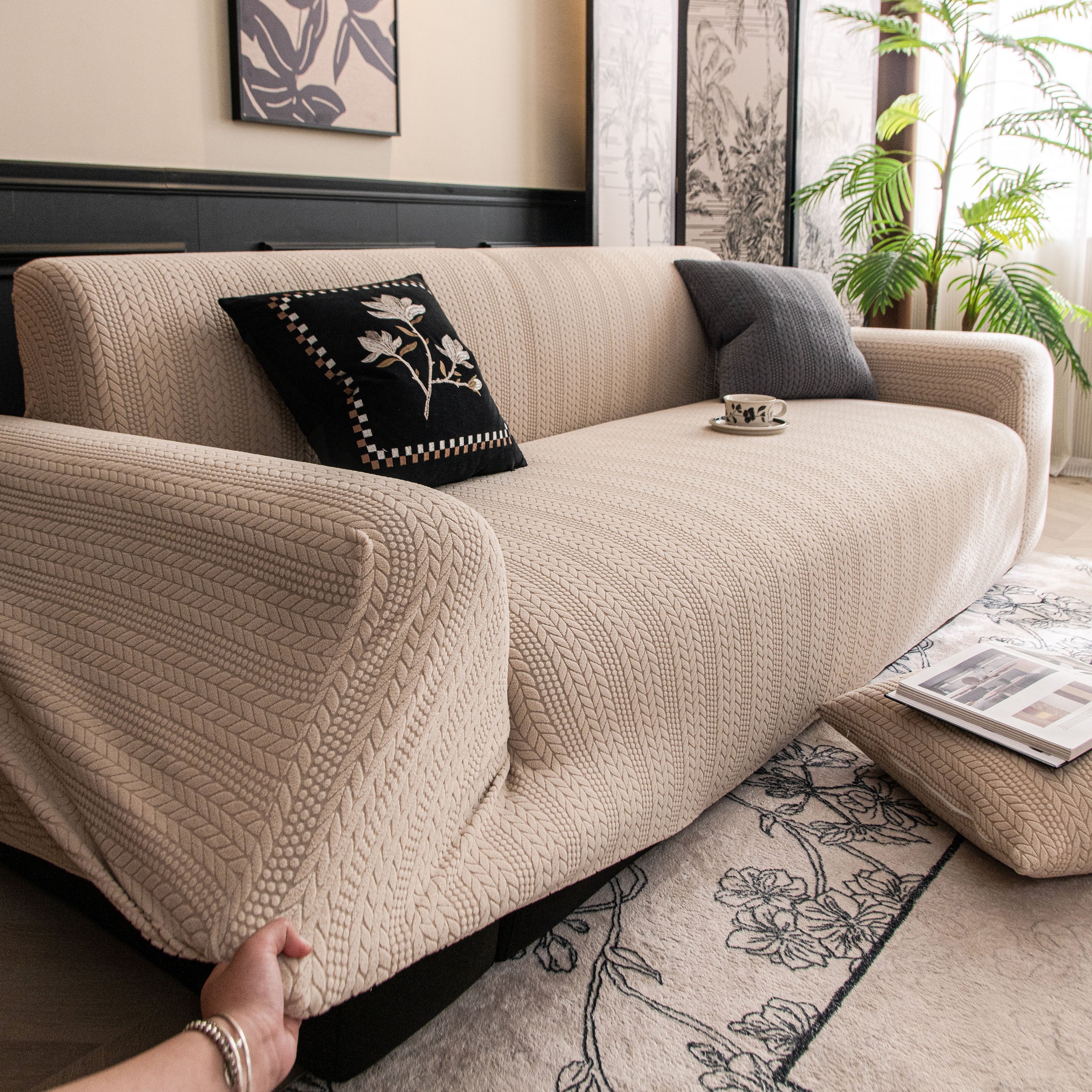 High Stretch Wheat Ear Embossed Textured Couch Slipcover, Water Repellent Sofa Cover - Image 15