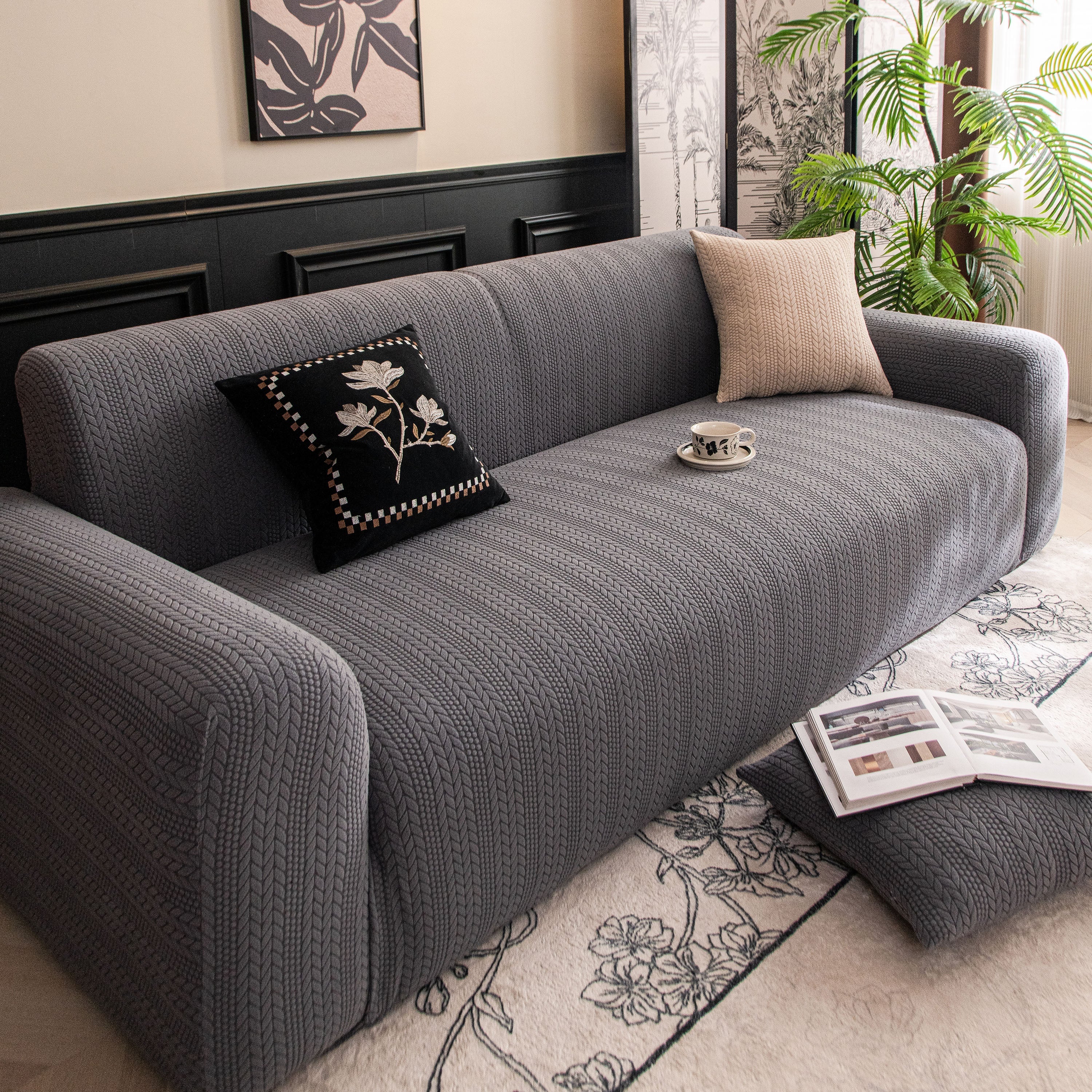 High Stretch Wheat Ear Embossed Textured Couch Slipcover, Water Repellent Sofa Cover - Image 56
