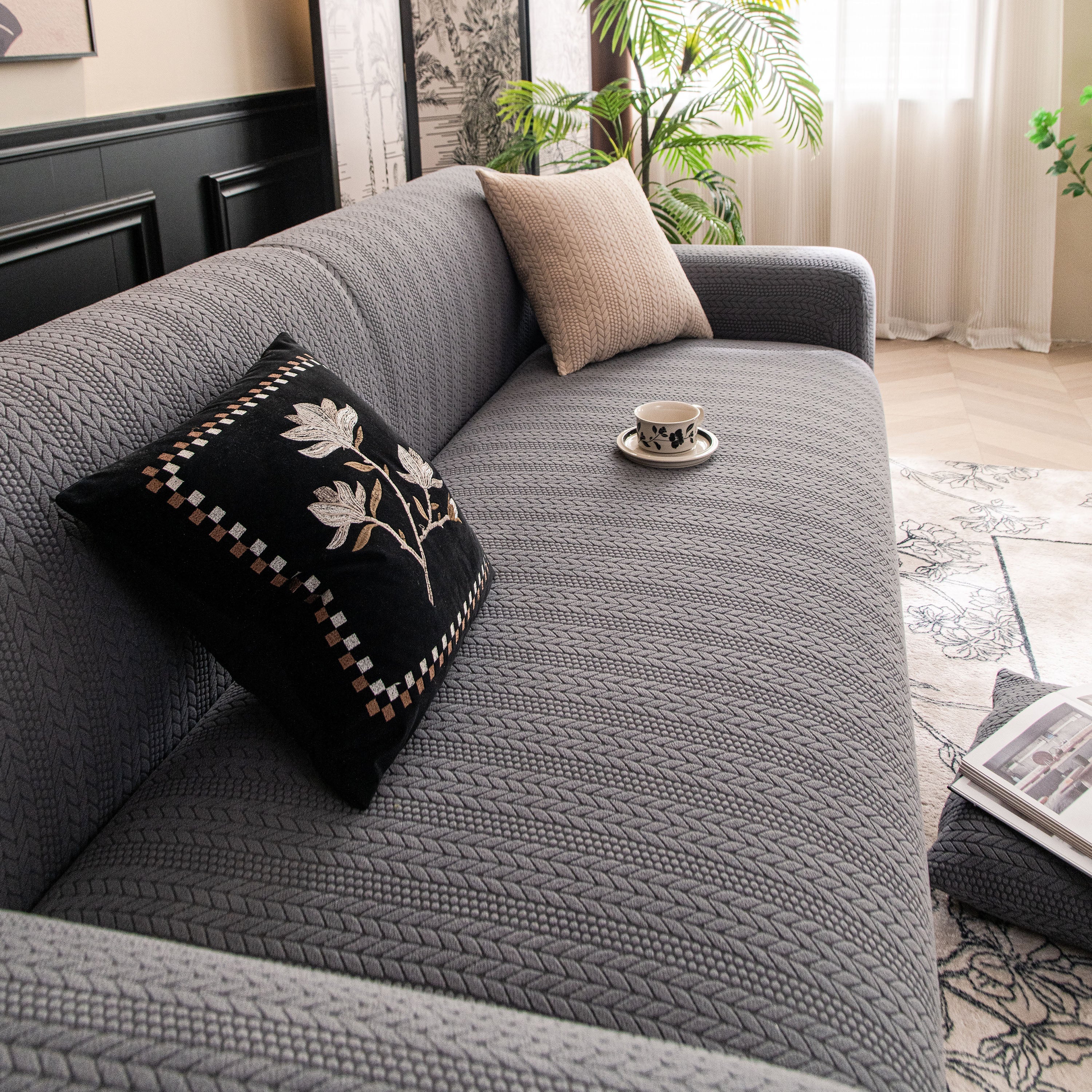 High Stretch Wheat Ear Embossed Textured Couch Slipcover, Water Repellent Sofa Cover - Image 58