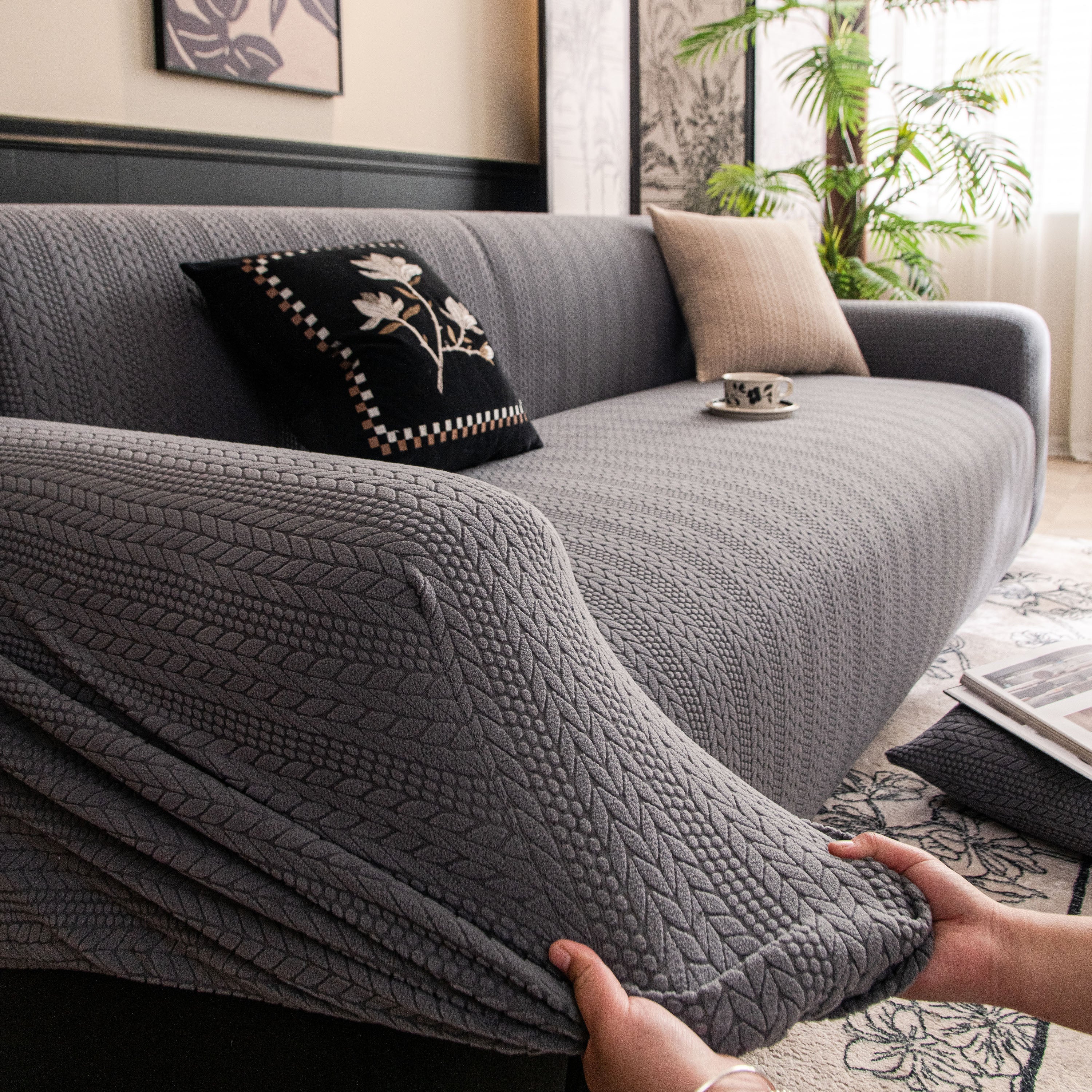 High Stretch Wheat Ear Embossed Textured Couch Slipcover, Water Repellent Sofa Cover - Image 71