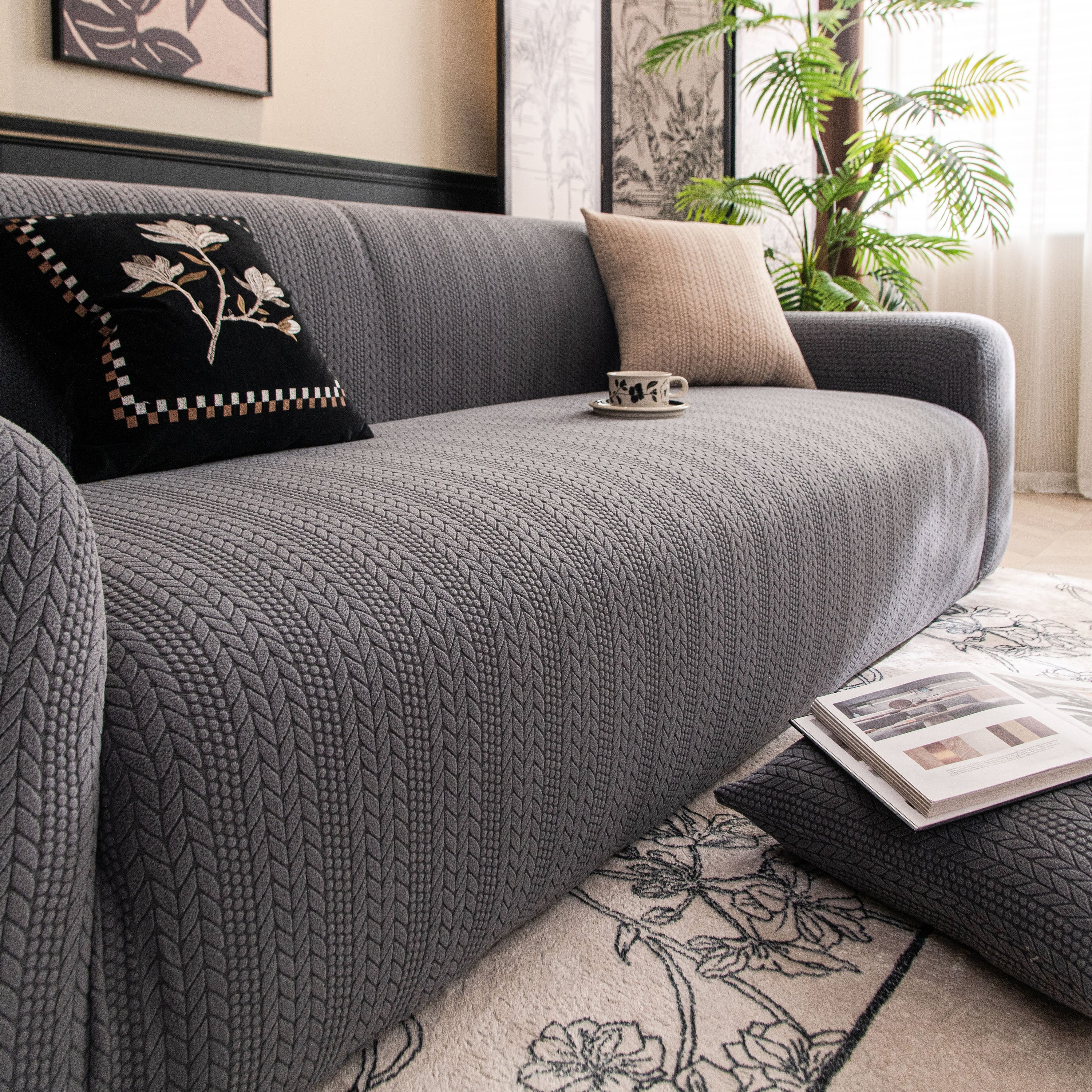 High Stretch Wheat Ear Embossed Textured Couch Slipcover, Water Repellent Sofa Cover - Image 77