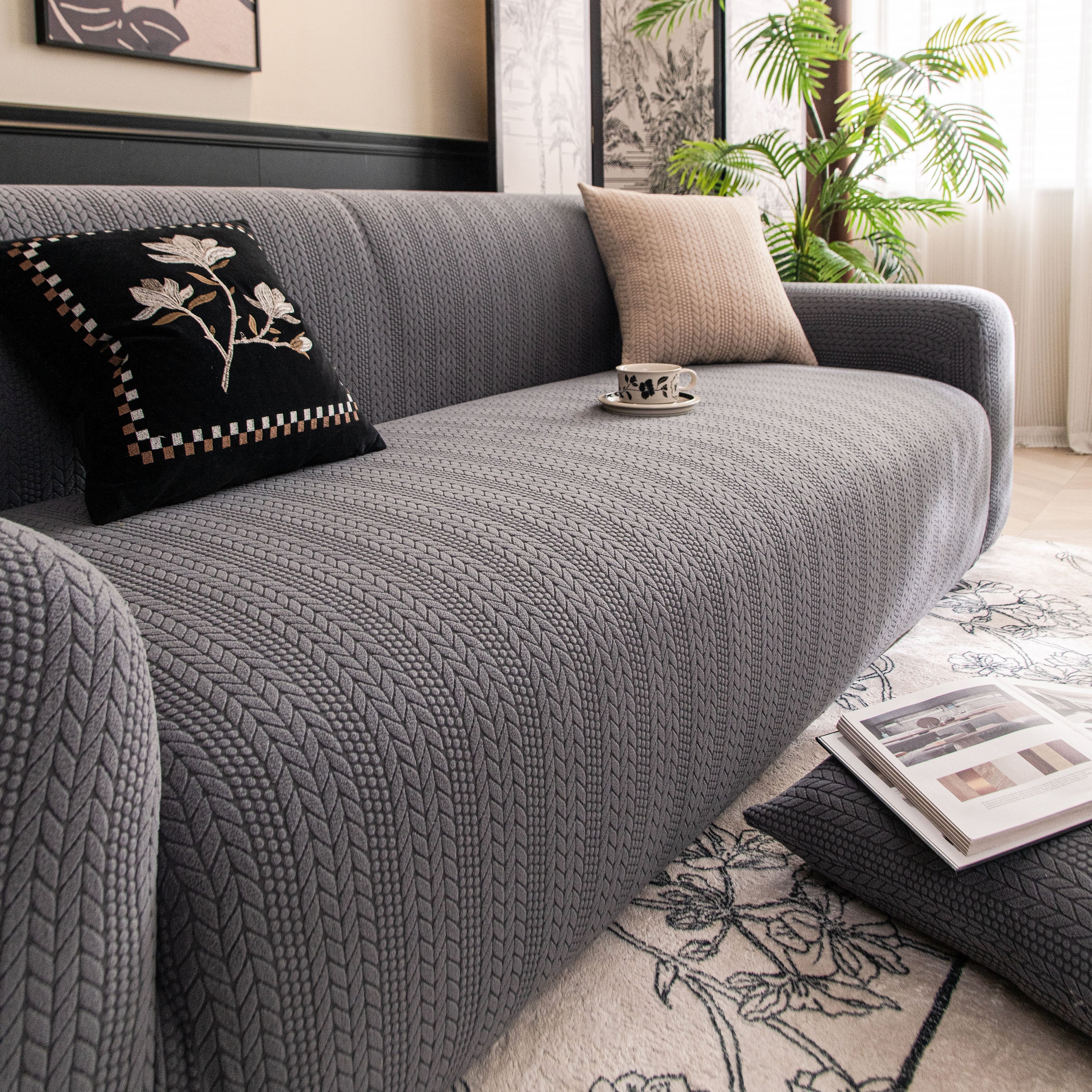 High Stretch Wheat Ear Embossed Textured Couch Slipcover, Water Repellent Sofa Cover - Image 78