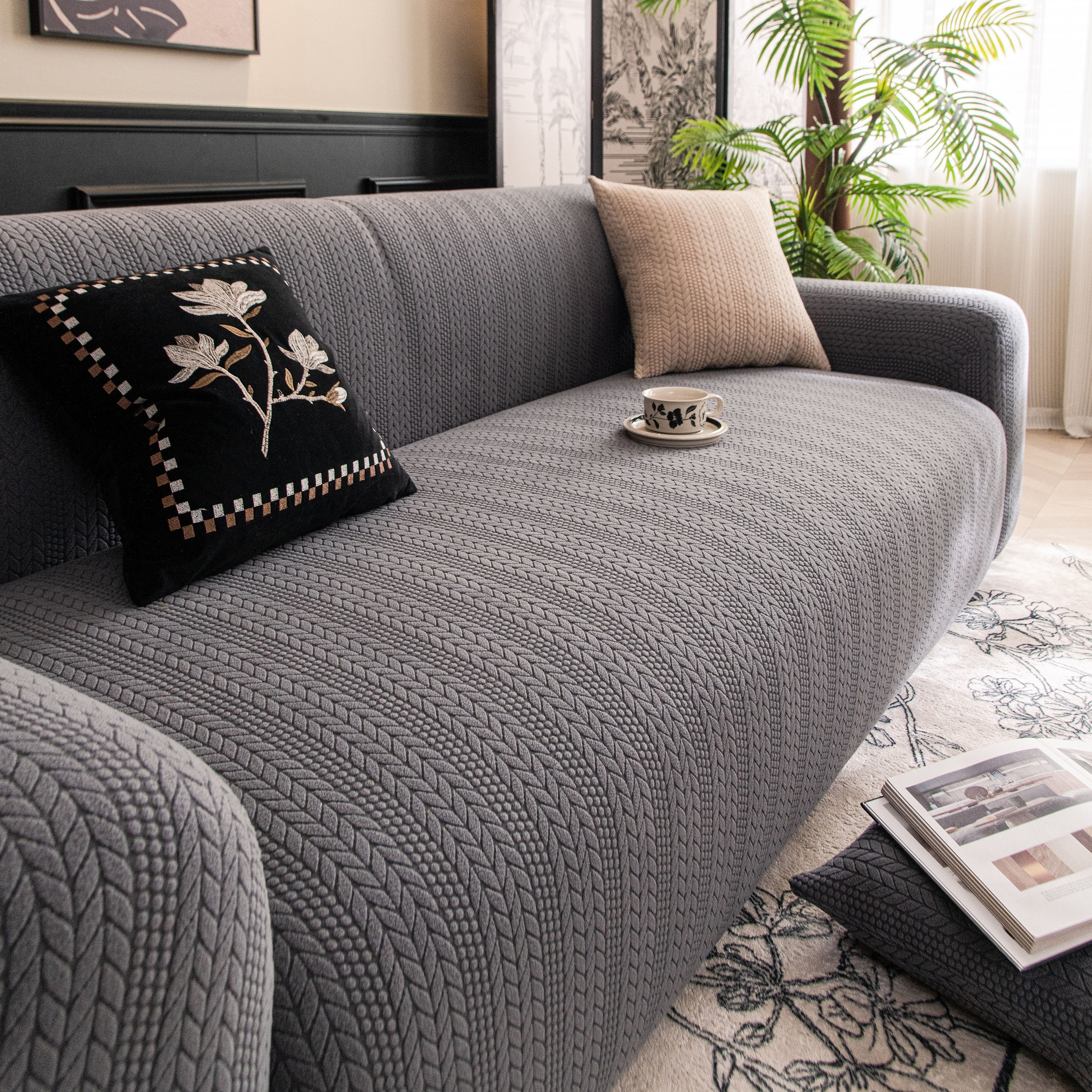 High Stretch Wheat Ear Embossed Textured Couch Slipcover, Water Repellent Sofa Cover - Image 79