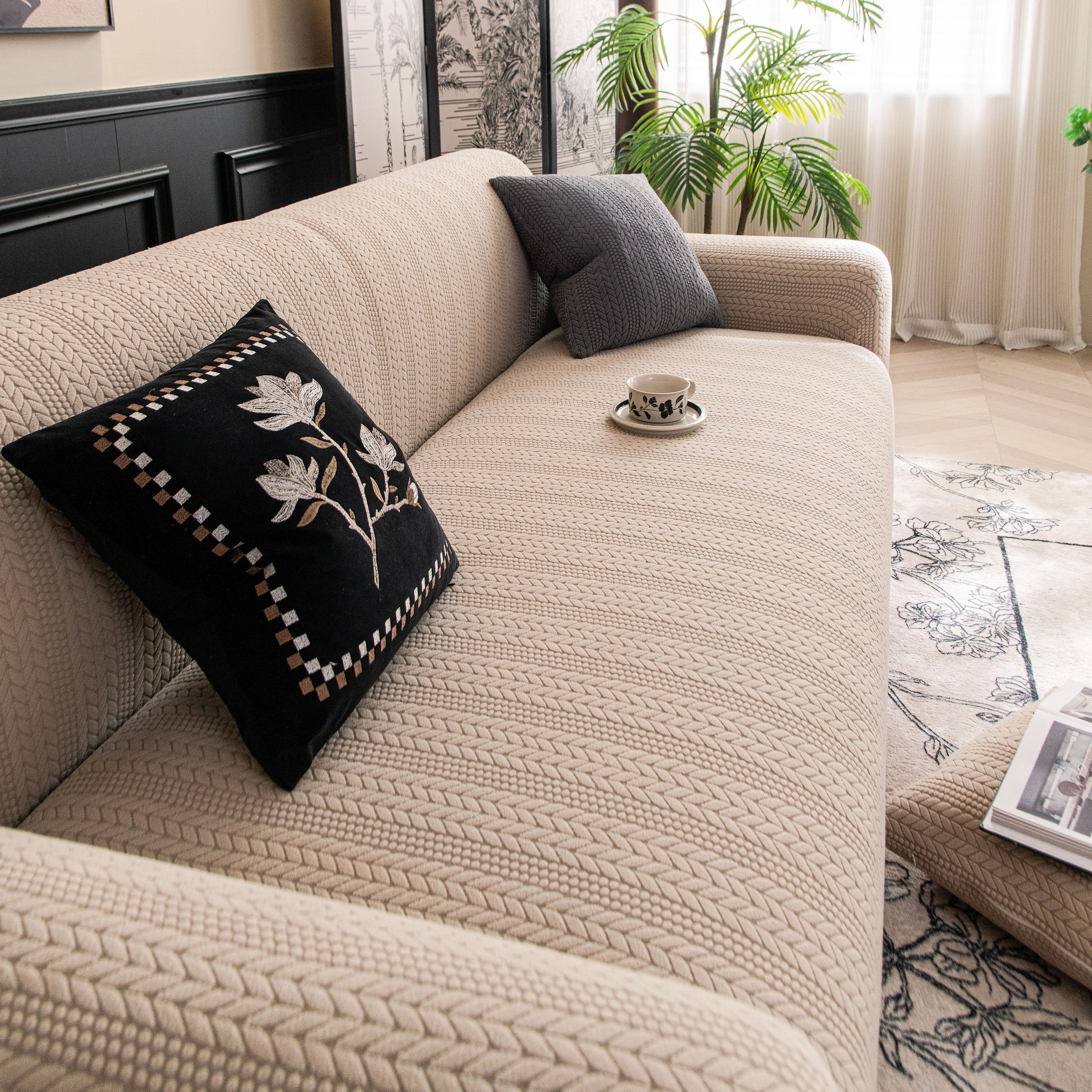 High Stretch Wheat Ear Embossed Textured Couch Slipcover, Water Repellent Sofa Cover - Image 8