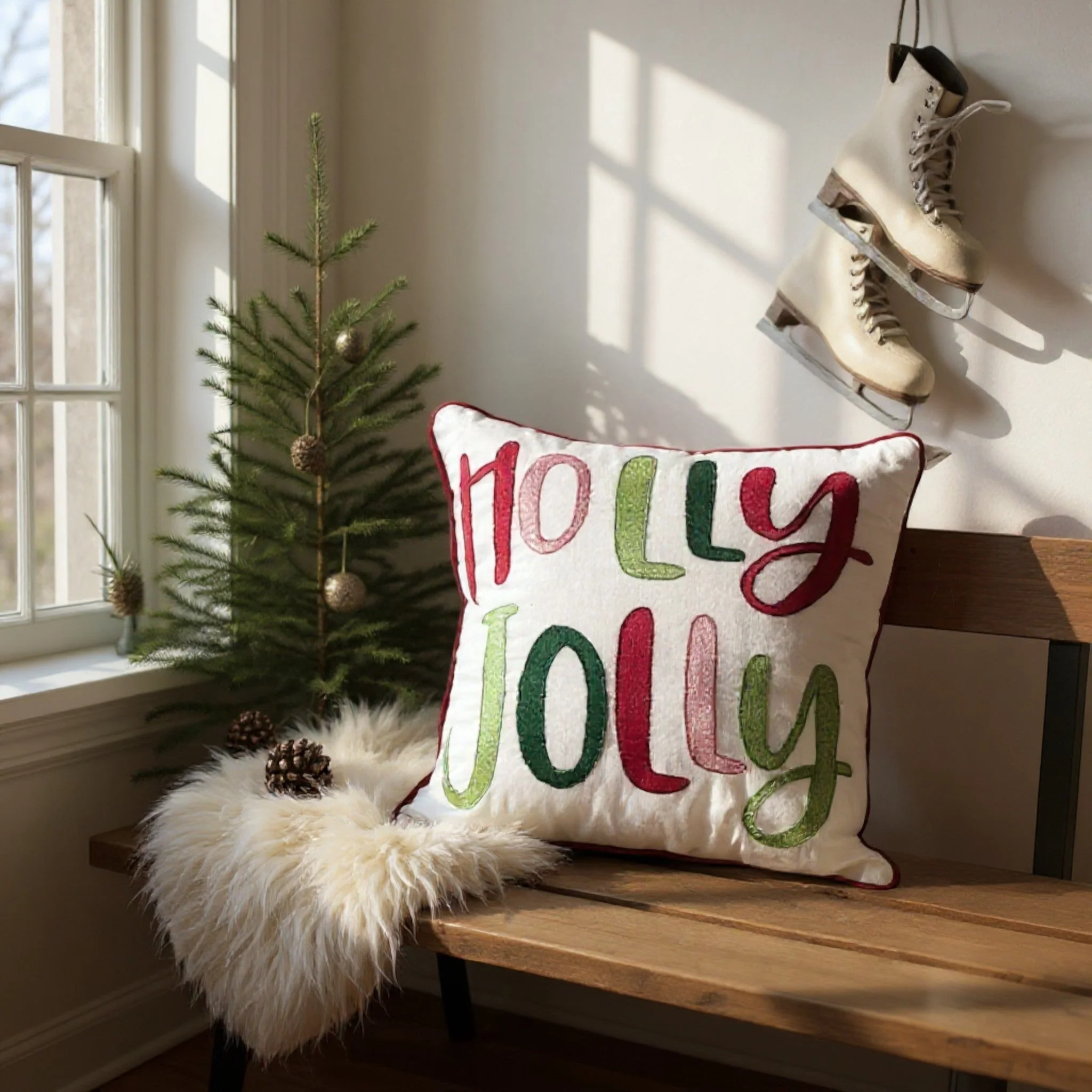 Holly Jolly Embroidered Christmas Themed Pillow - Image 2