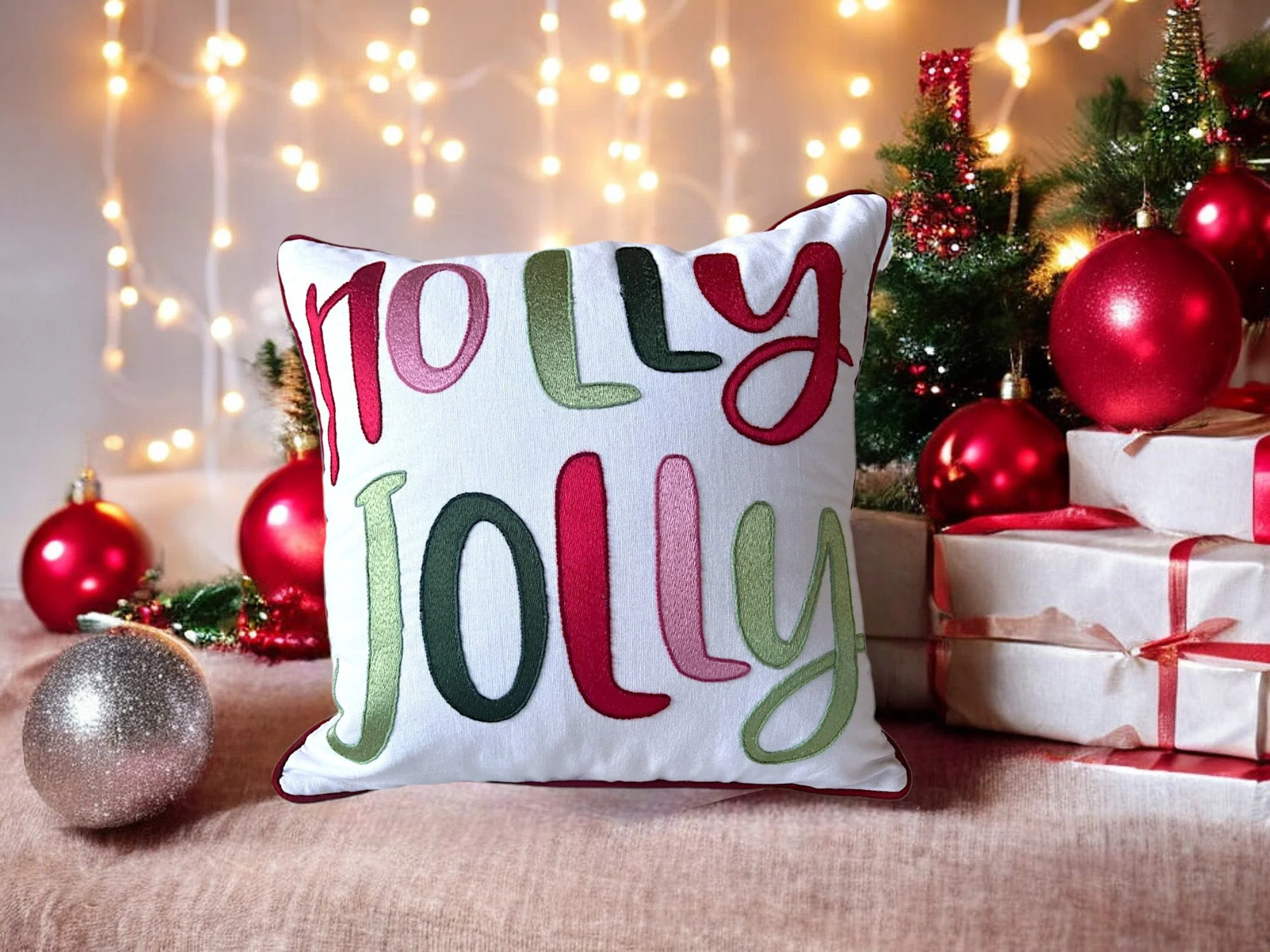 Holly Jolly Embroidered Christmas Themed Pillow - Image 3