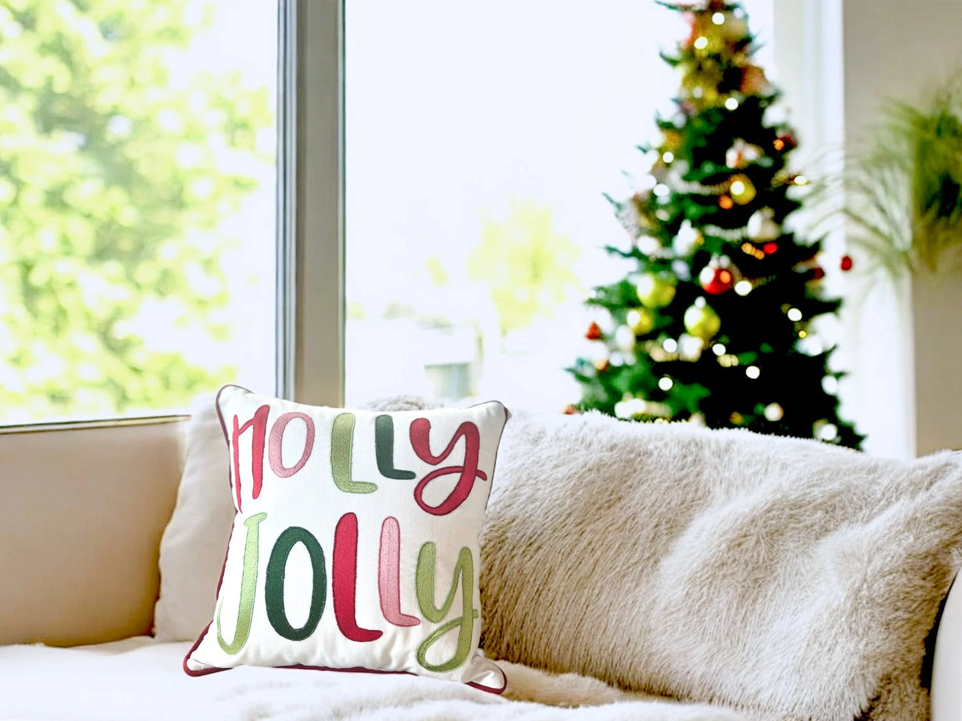 Holly Jolly Embroidered Christmas Themed Pillow - Image 4