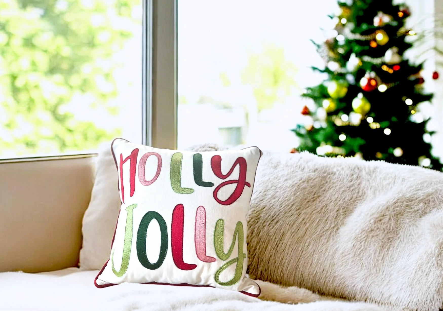Holly Jolly Embroidered Christmas Themed Pillow - Image 5