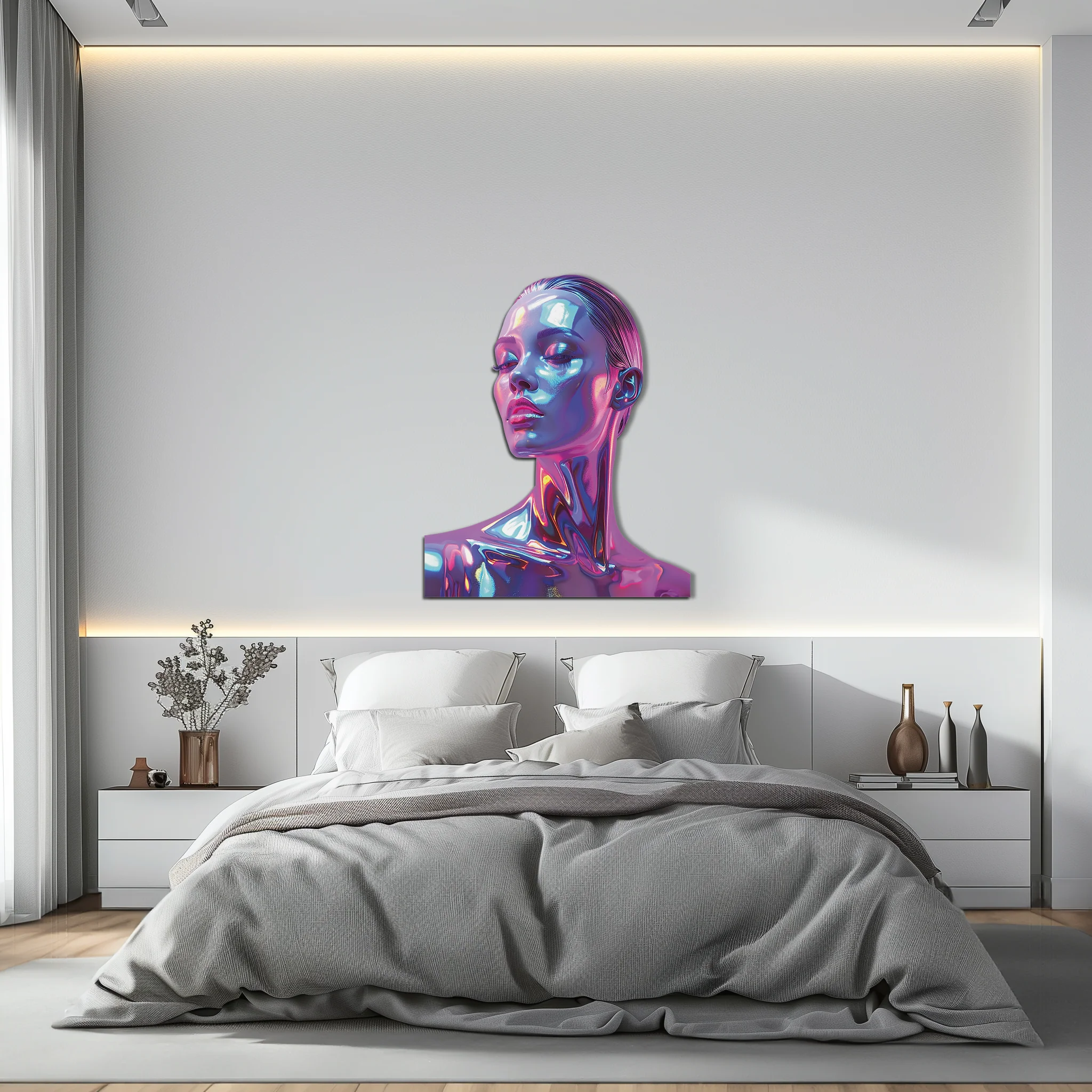 Holographic Woman Portrait Metal Wall Art – Futuristic UV Decor-KAFUVM009 - Image 3