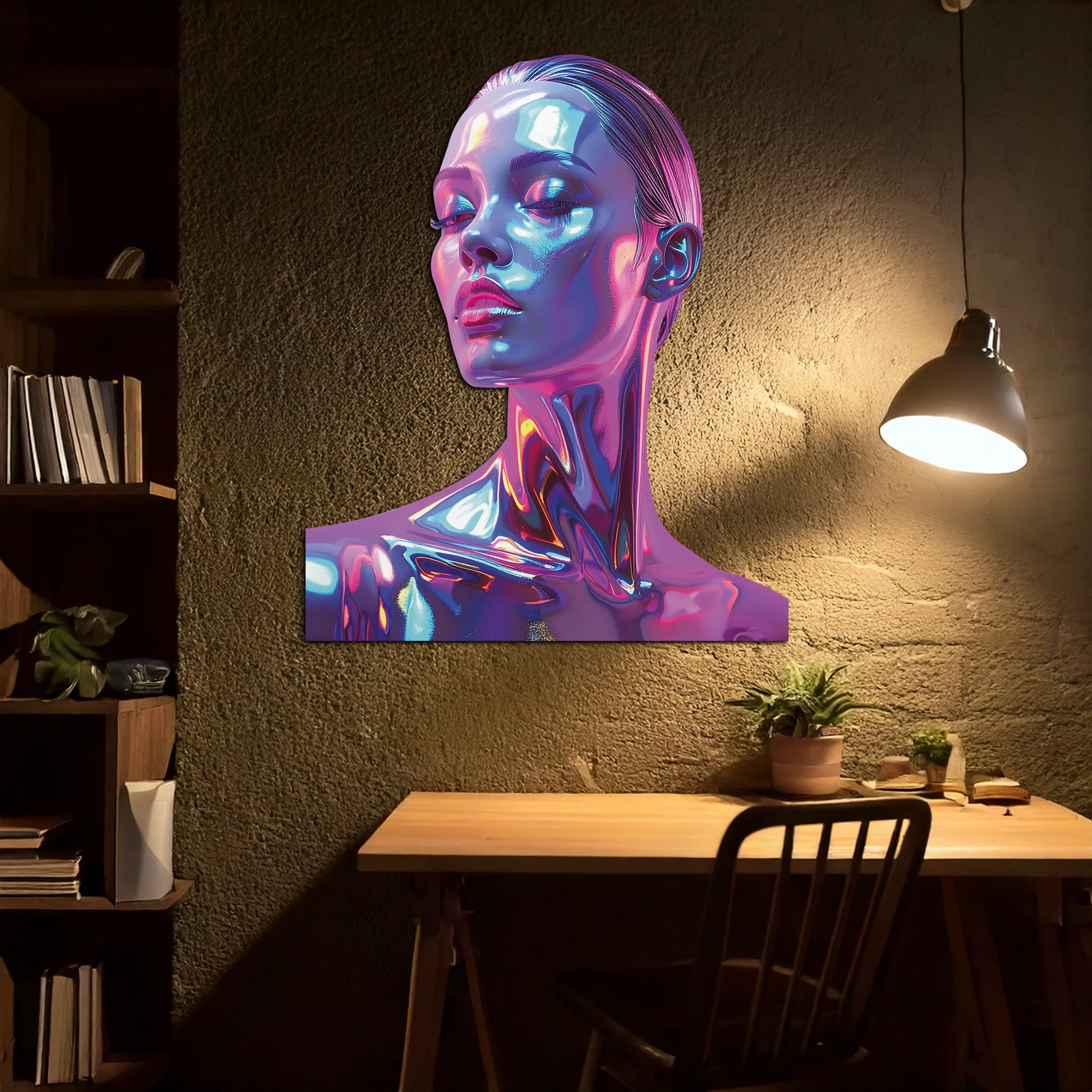Holographic Woman Portrait Metal Wall Art – Futuristic UV Decor-KAFUVM009 - Image 4
