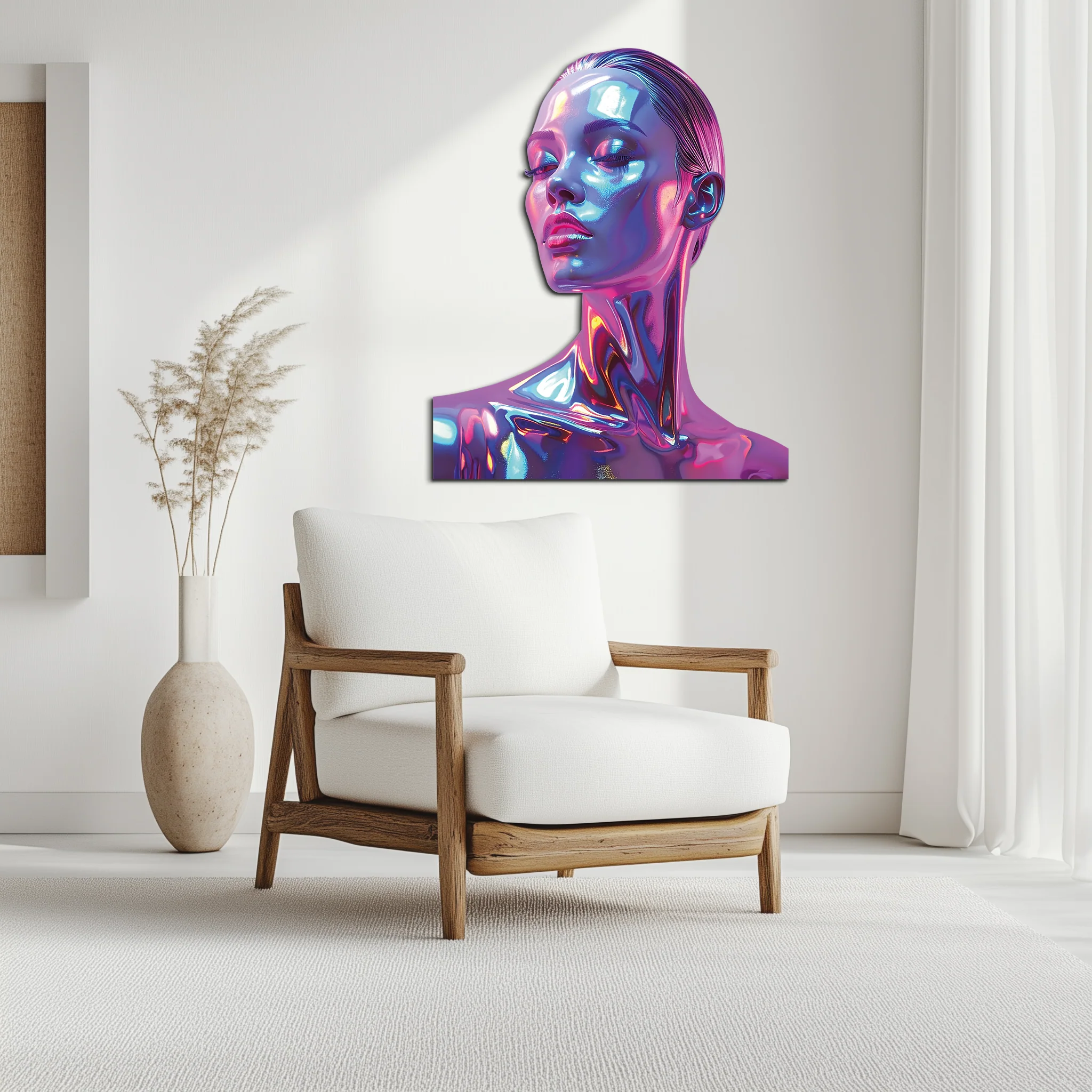 Holographic Woman Portrait Metal Wall Art – Futuristic UV Decor-KAFUVM009 - Image 5