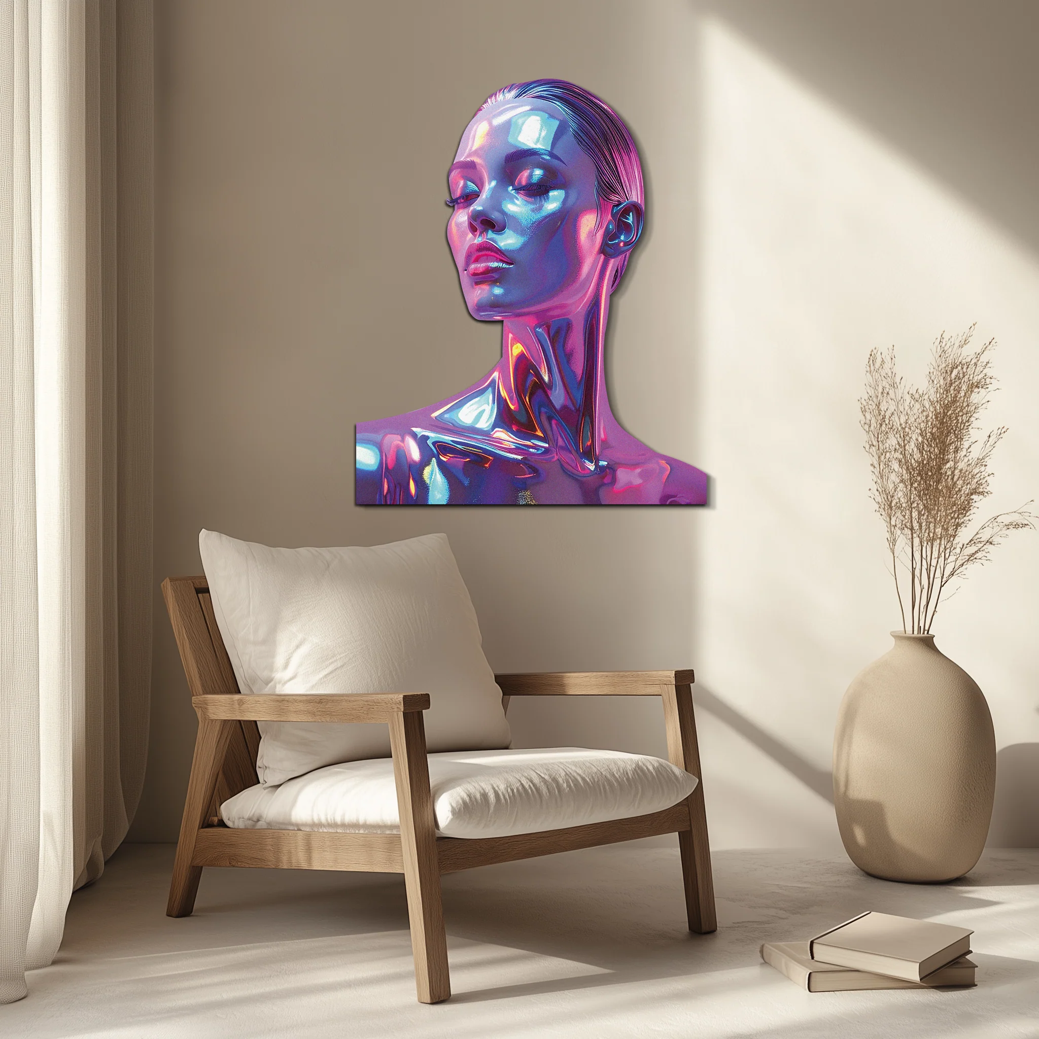 Holographic Woman Portrait Metal Wall Art – Futuristic UV Decor-KAFUVM009 - Image 7
