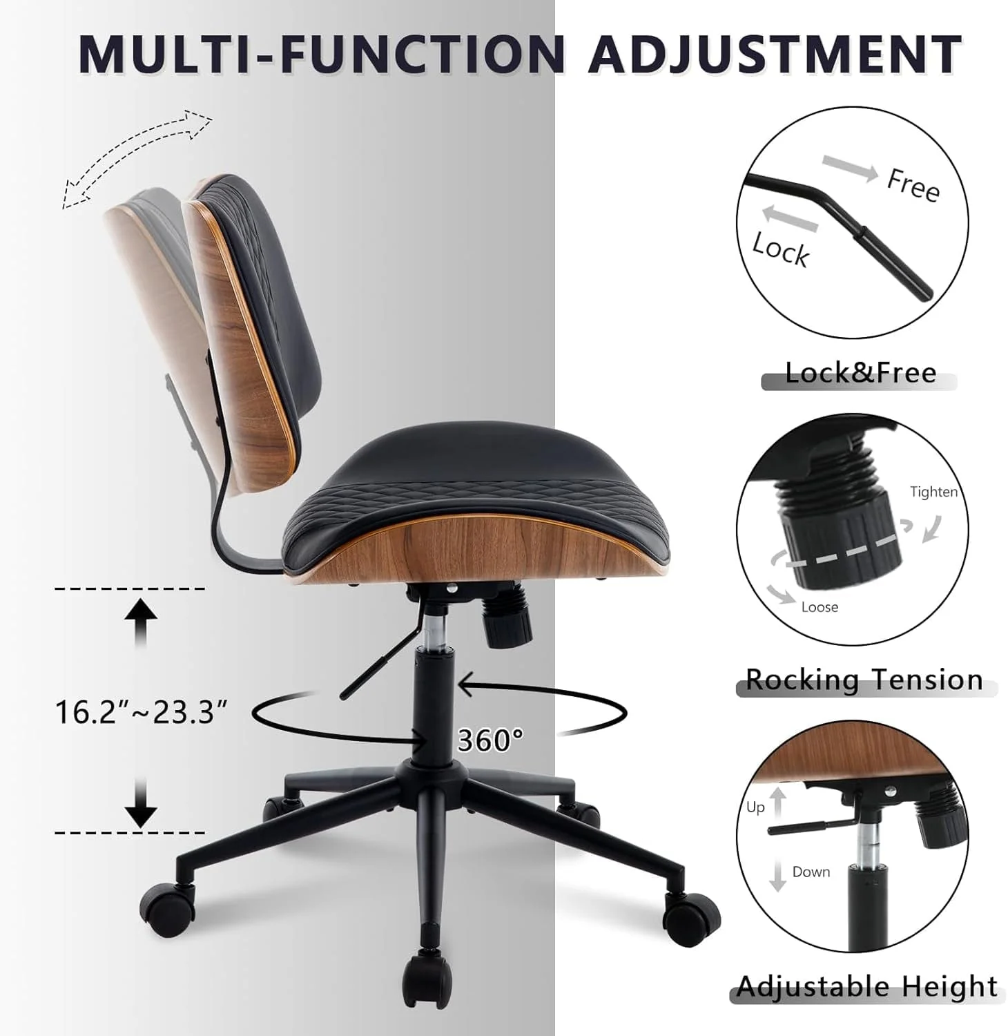 Home Office Chair No Arms with Wheels, Adjustable Height Small Desk - Image 2