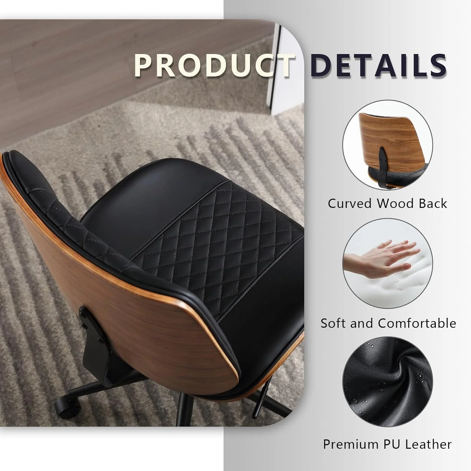 Home Office Chair No Arms with Wheels, Adjustable Height Small Desk - Image 3