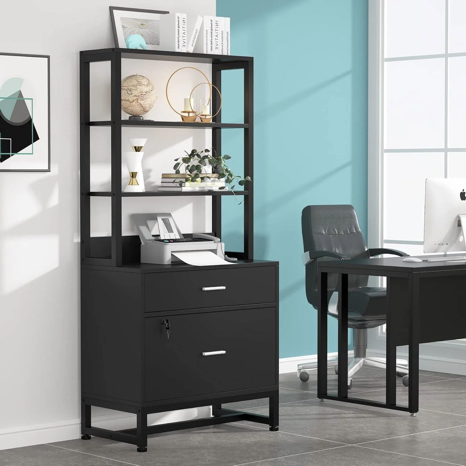 Home Office Lockable 2 Drawer Filing Cabinet Bookshelf in Black Wood Finish - Image 2