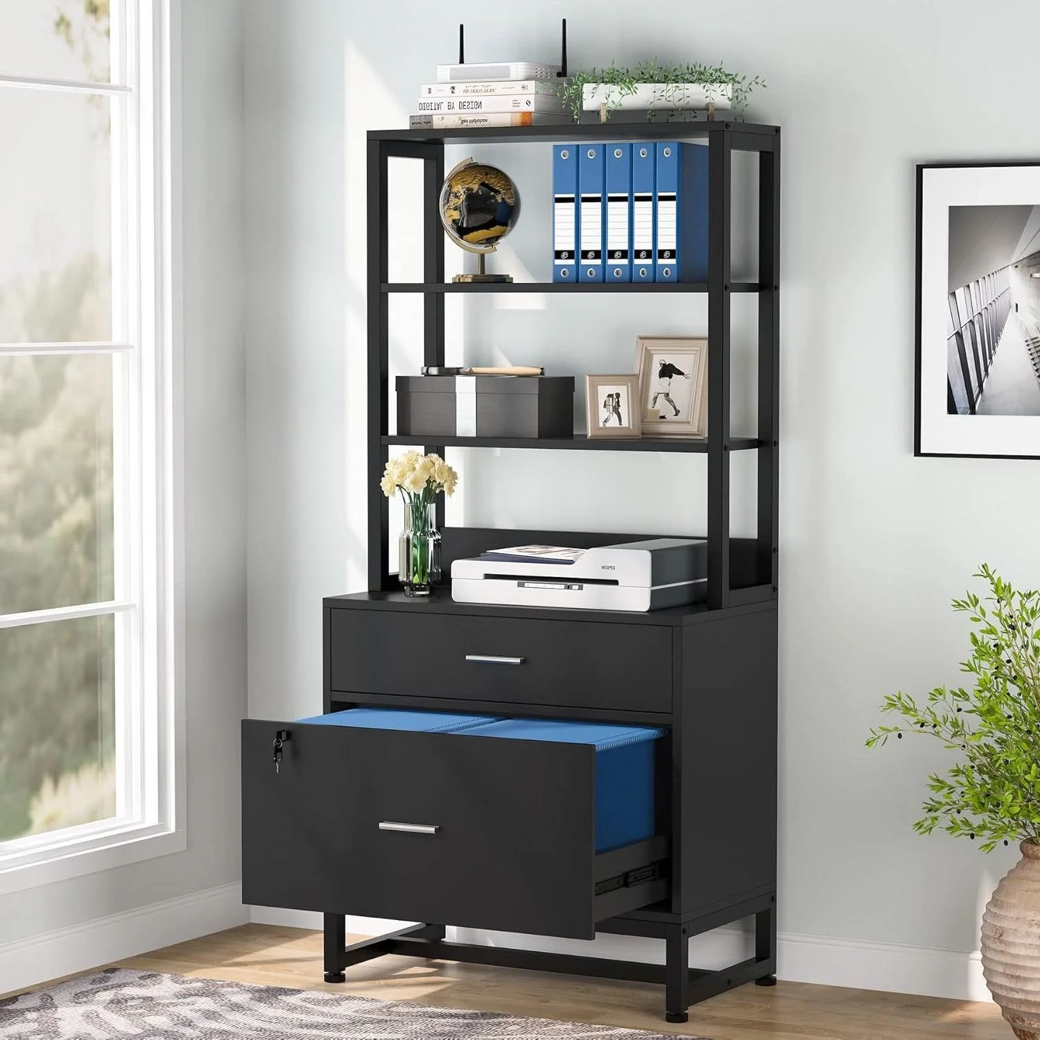 Home Office Lockable 2 Drawer Filing Cabinet Bookshelf in Black Wood Finish - Image 3