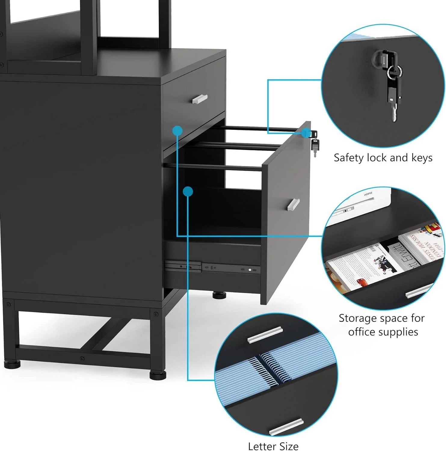 Home Office Lockable 2 Drawer Filing Cabinet Bookshelf in Black Wood Finish - Image 4
