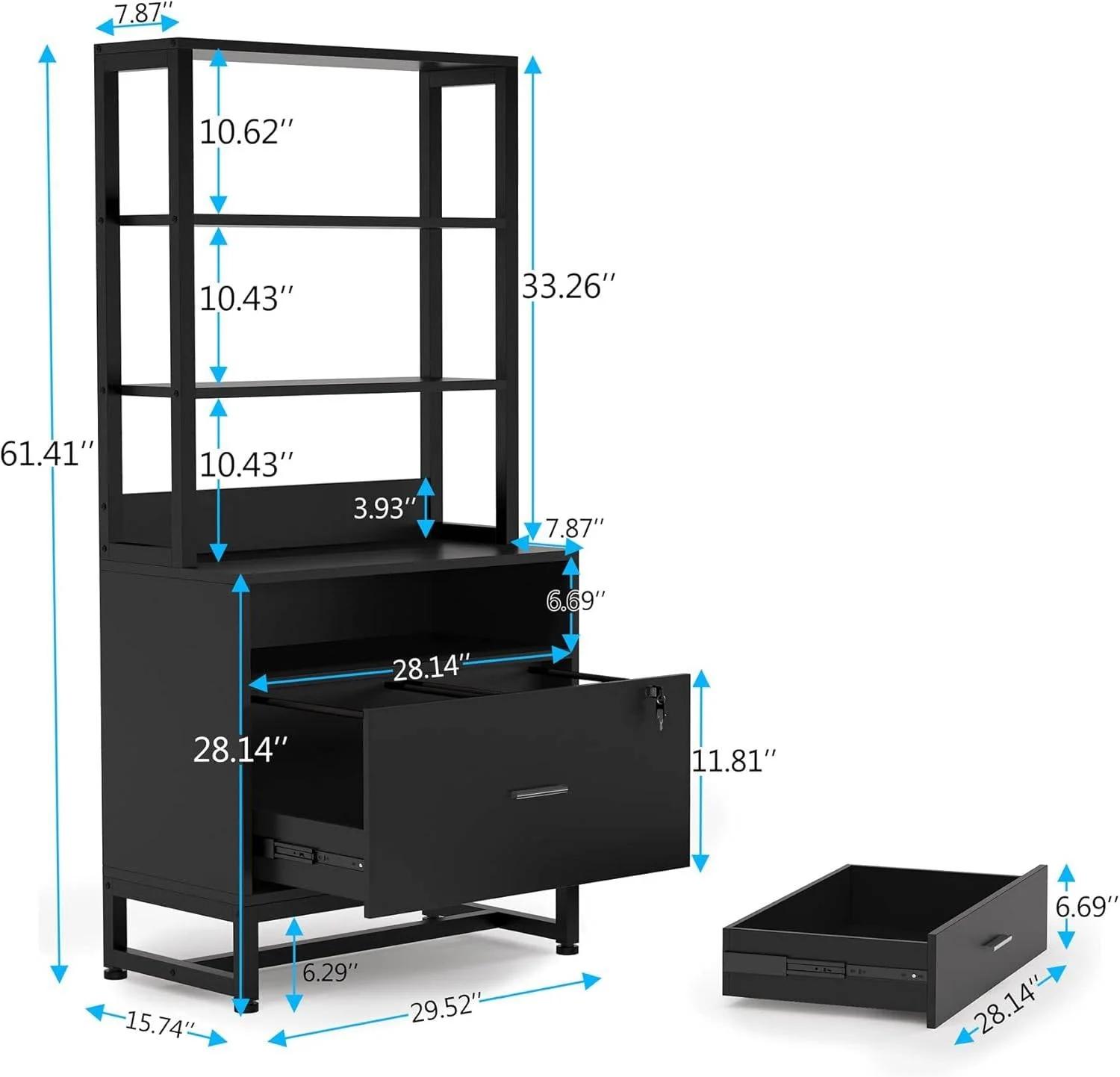 Home Office Lockable 2 Drawer Filing Cabinet Bookshelf in Black Wood Finish - Image 5