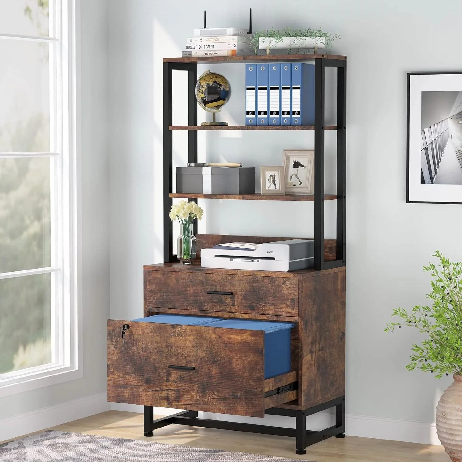 Home Office Lockable 2 Drawer Filing Cabinet Bookshelf in Brown Wood Finish - Image 2