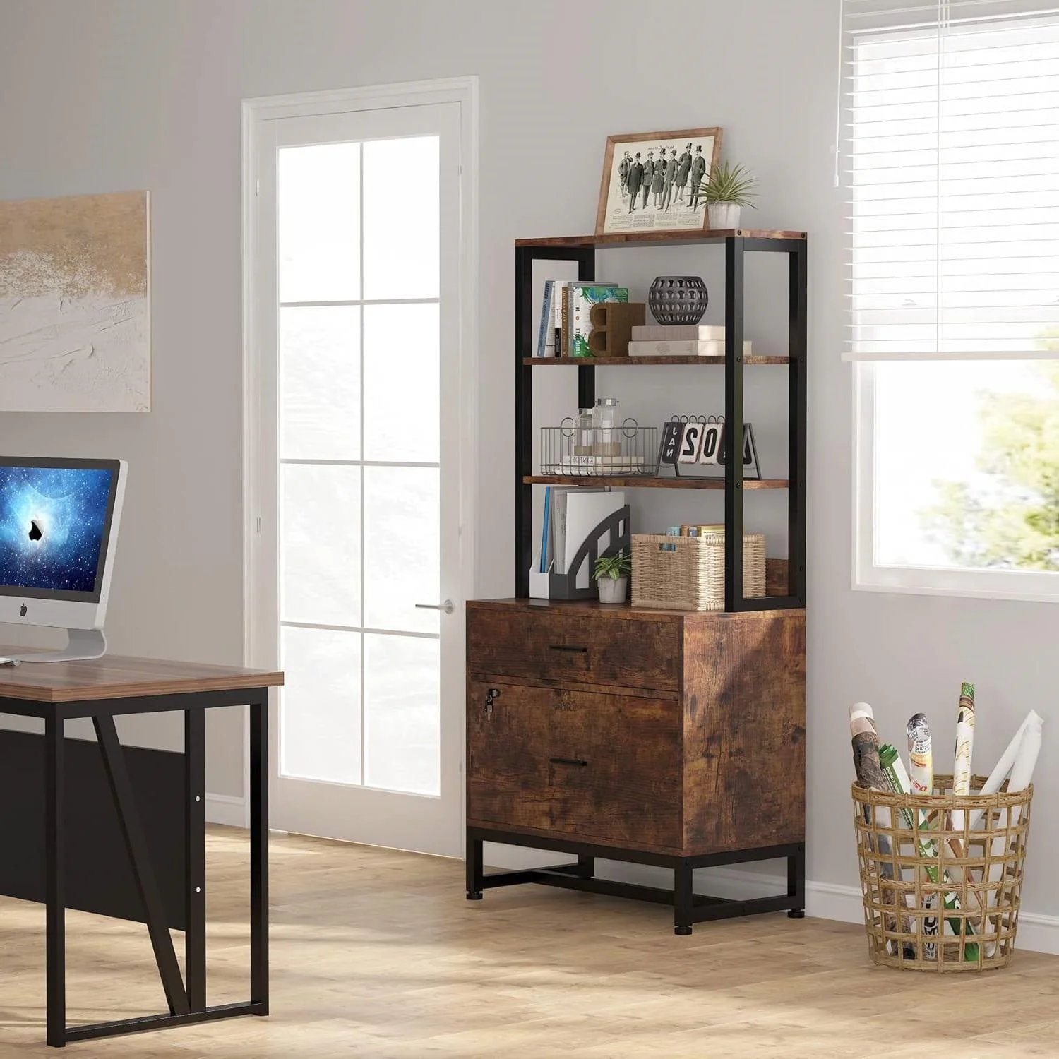Home Office Lockable 2 Drawer Filing Cabinet Bookshelf in Brown Wood Finish - Image 3