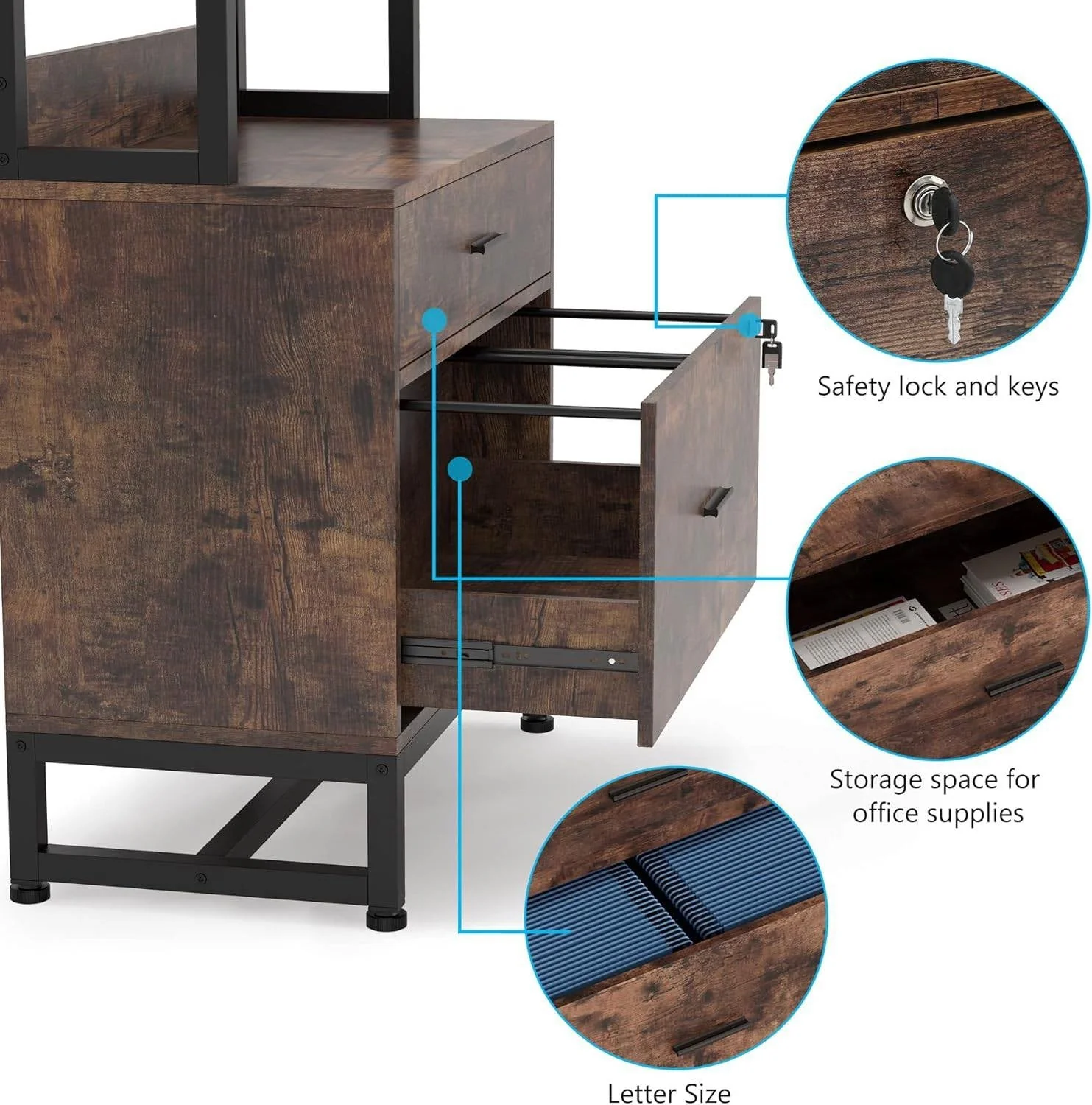 Home Office Lockable 2 Drawer Filing Cabinet Bookshelf in Brown Wood Finish - Image 4