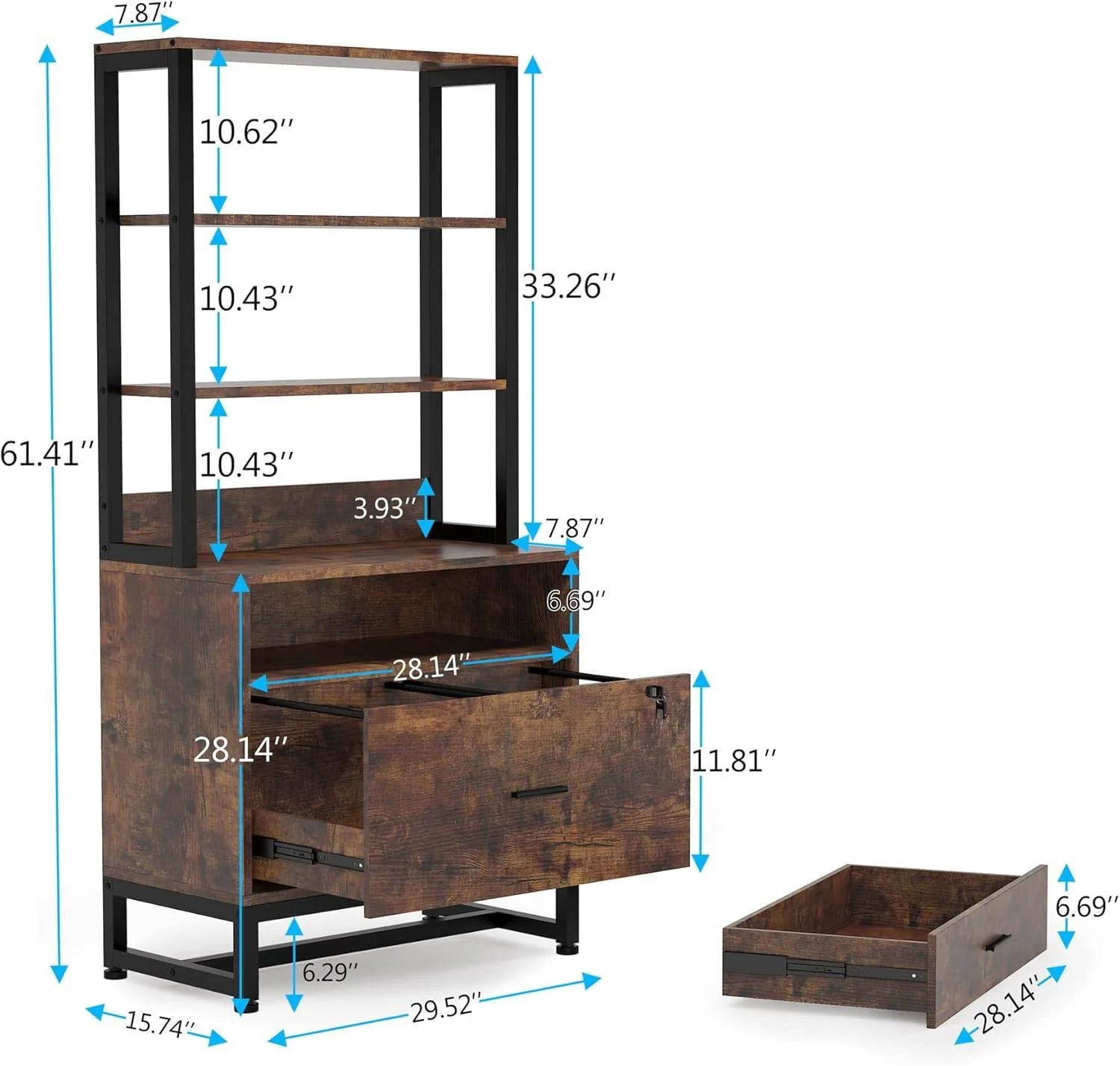 Home Office Lockable 2 Drawer Filing Cabinet Bookshelf in Brown Wood Finish - Image 5
