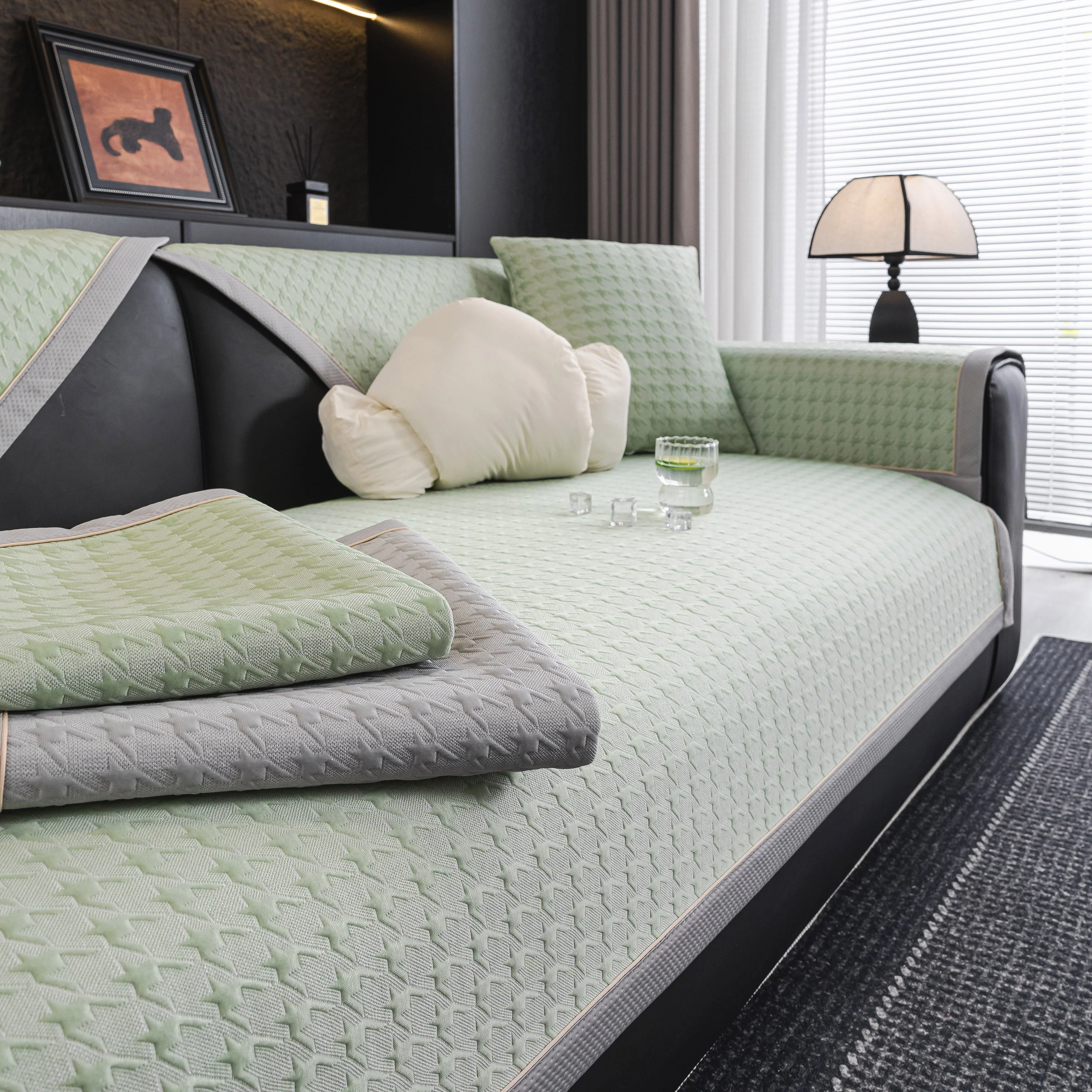 Houndstooth Ice Silk Breathable Sofa Cover, Modern Non-Slip Summer Couch Protector - Image 16