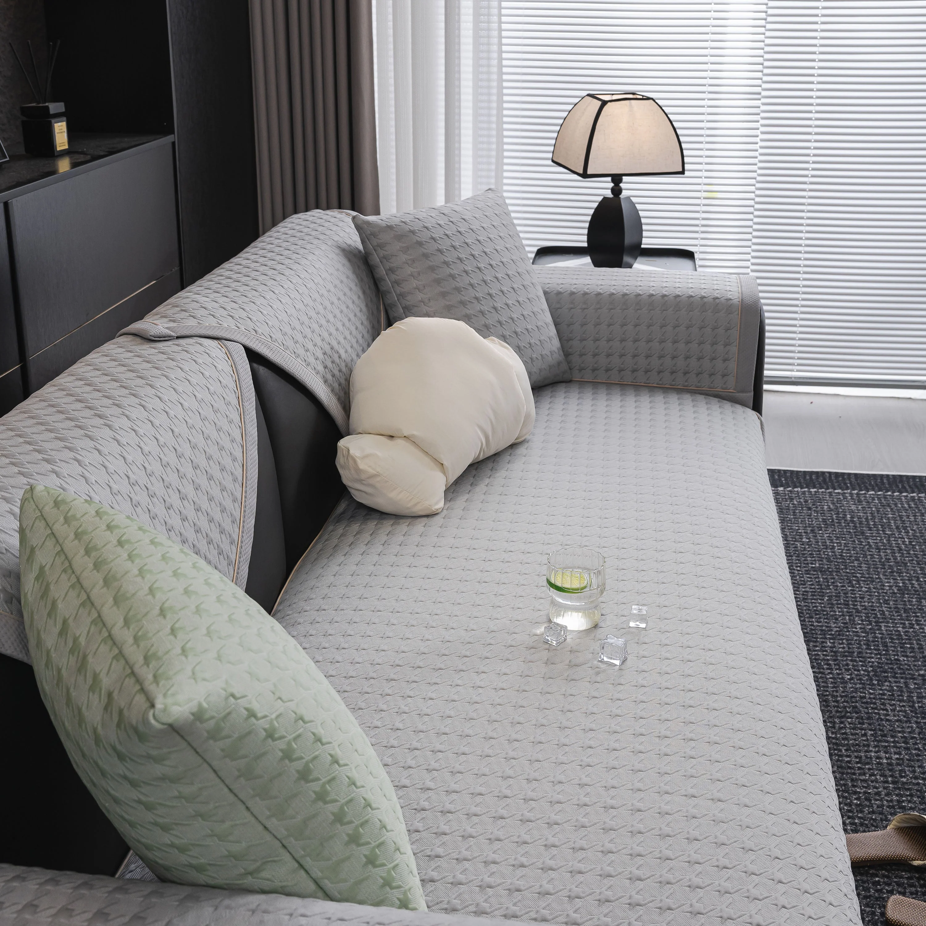 Houndstooth Ice Silk Breathable Sofa Cover, Modern Non-Slip Summer Couch Protector - Image 32