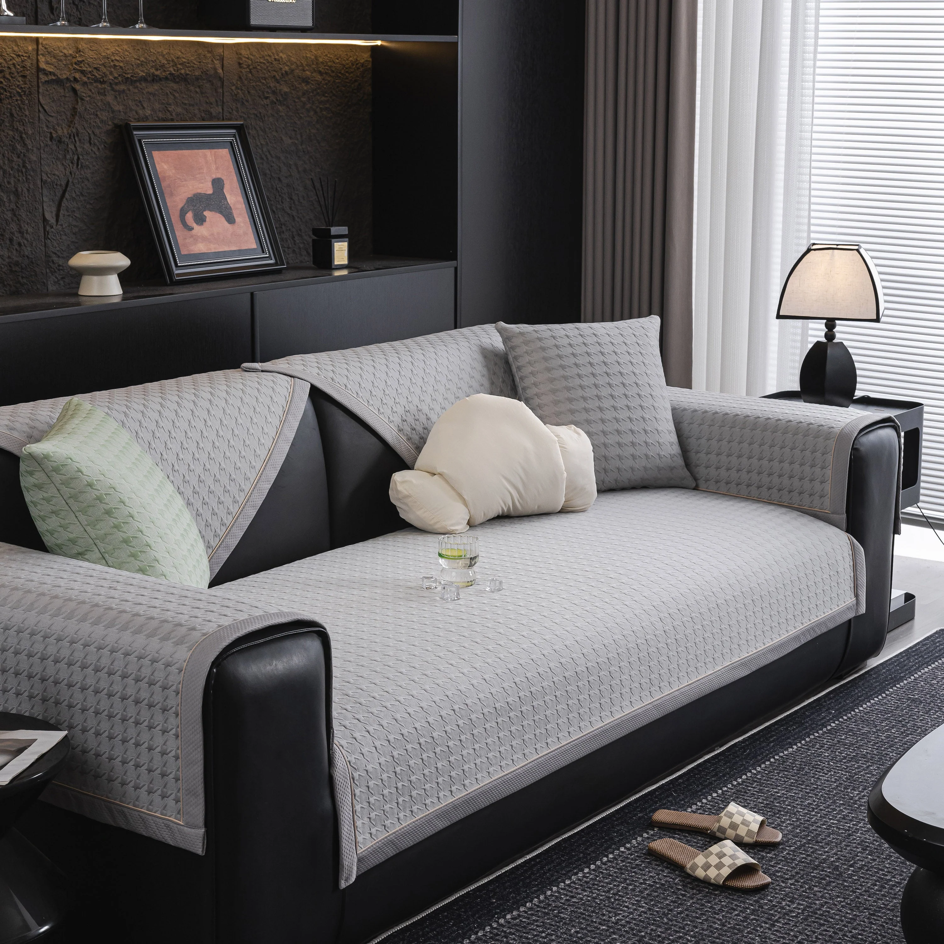 Houndstooth Ice Silk Breathable Sofa Cover, Modern Non-Slip Summer Couch Protector - Image 36