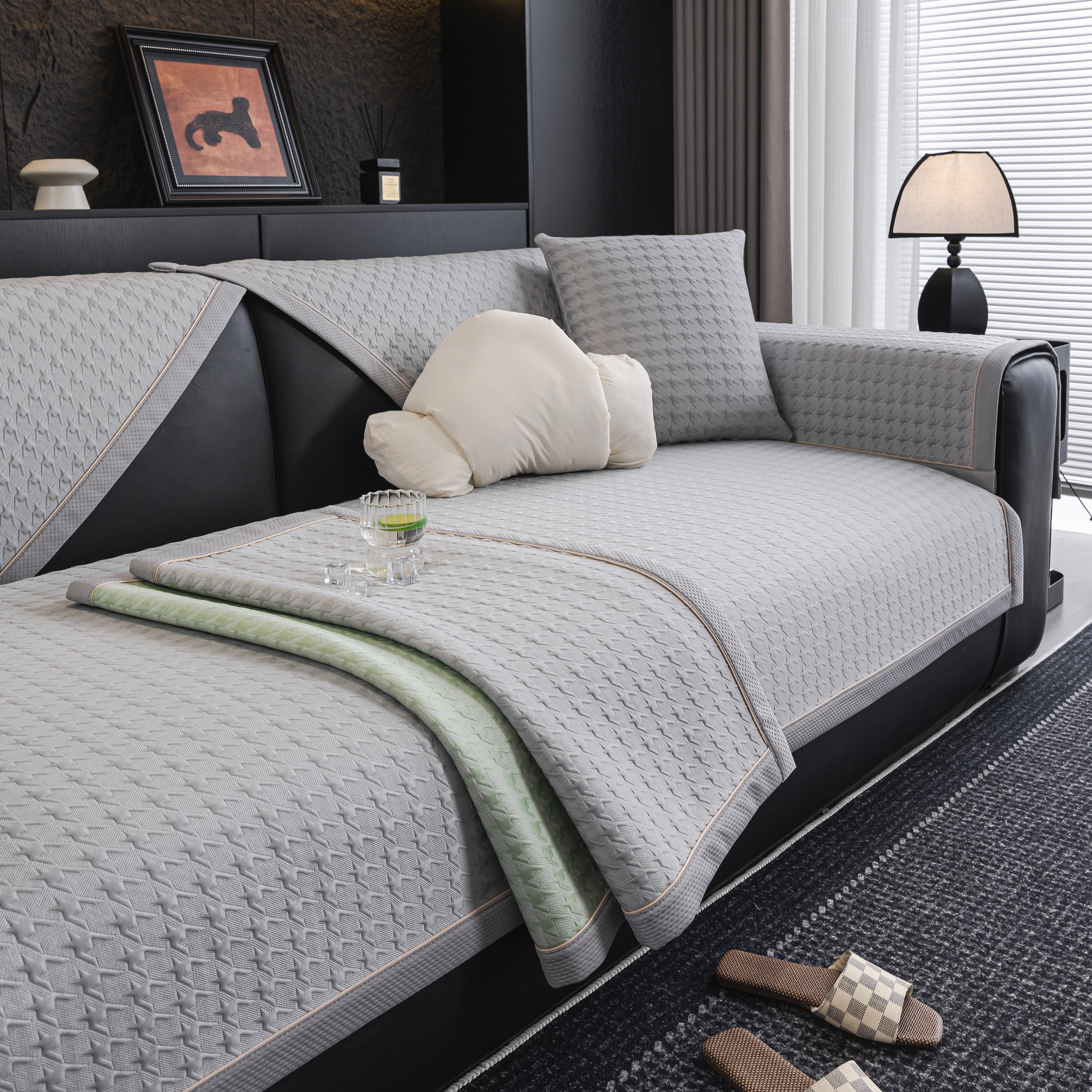 Houndstooth Ice Silk Breathable Sofa Cover, Modern Non-Slip Summer Couch Protector - Image 50