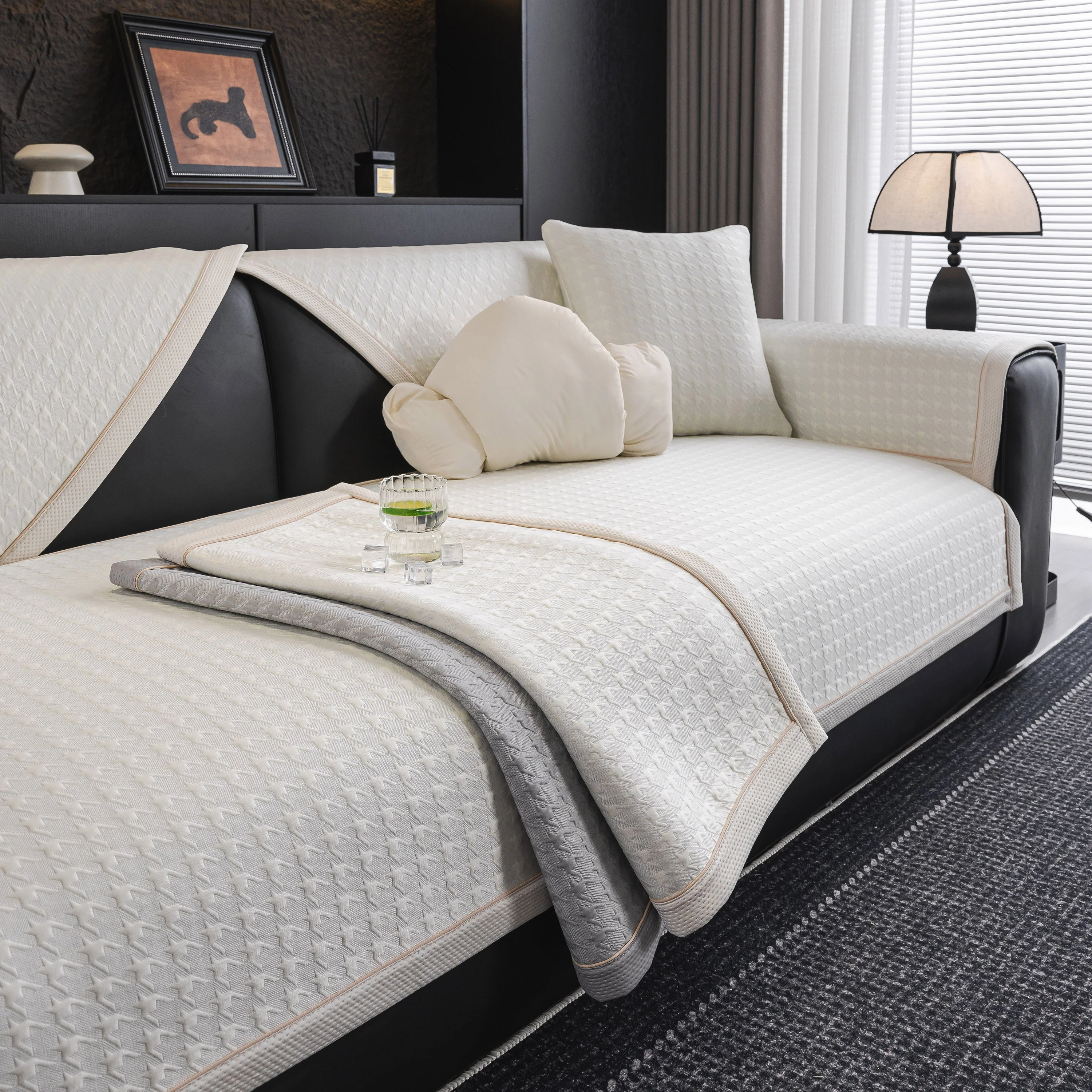 Houndstooth Ice Silk Breathable Sofa Cover, Modern Non-Slip Summer Couch Protector - Image 74