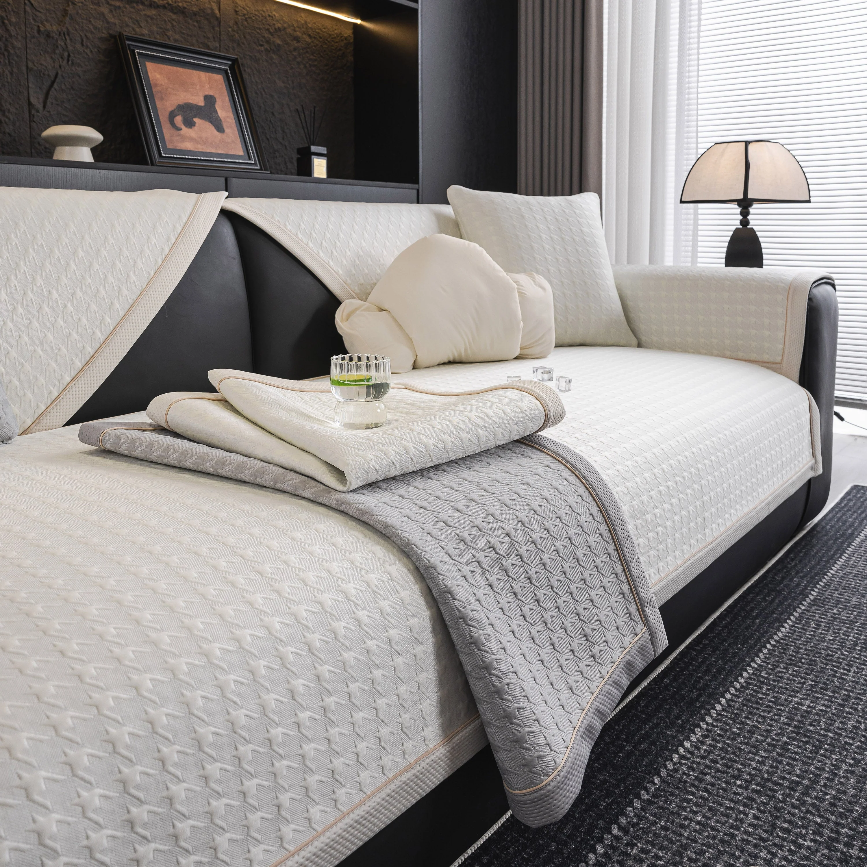 Houndstooth Ice Silk Breathable Sofa Cover, Modern Non-Slip Summer Couch Protector - Image 77