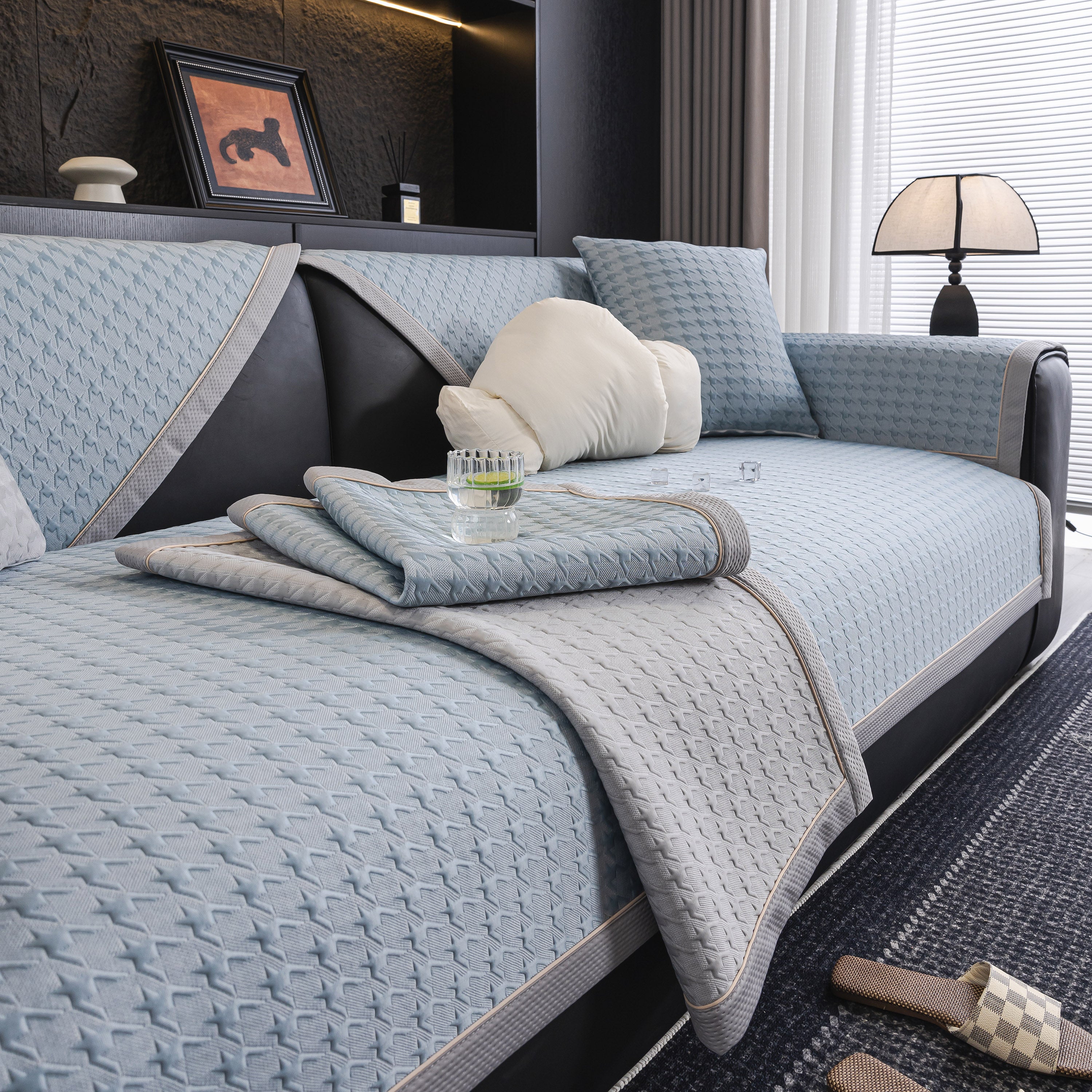 Houndstooth Ice Silk Breathable Sofa Cover, Modern Non-Slip Summer Couch Protector - Image 98