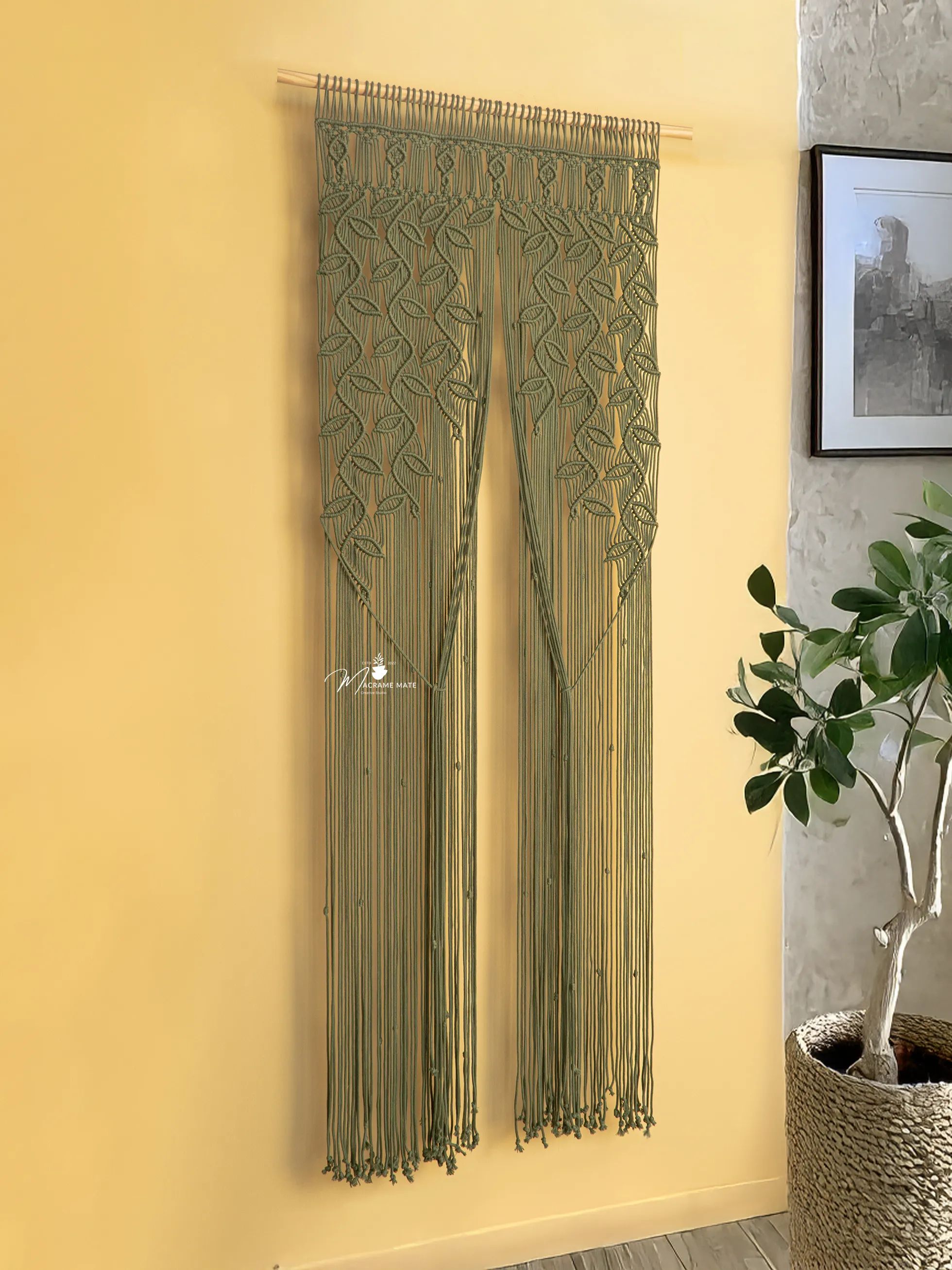Indigo Olive Green Macrame Leaf Door Curtain - Image 11