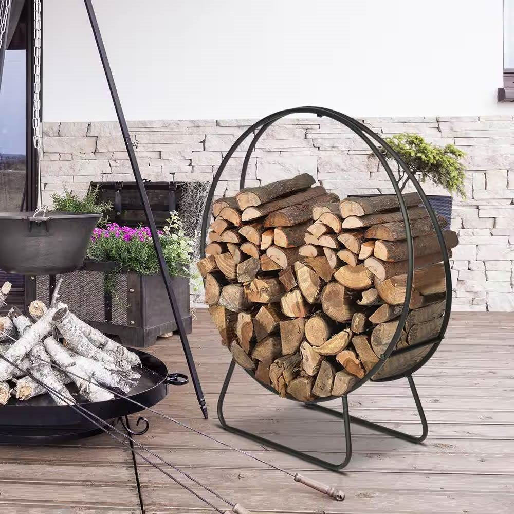 Indoor/Outdoor 2-ft. Round Black Powder-Coated Steel Firewood Log Rack - Image 3