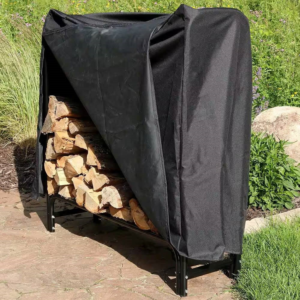 Indoor/Outdoor 4-Ft. Black Metal Firewood Rack with Cover - Image 2