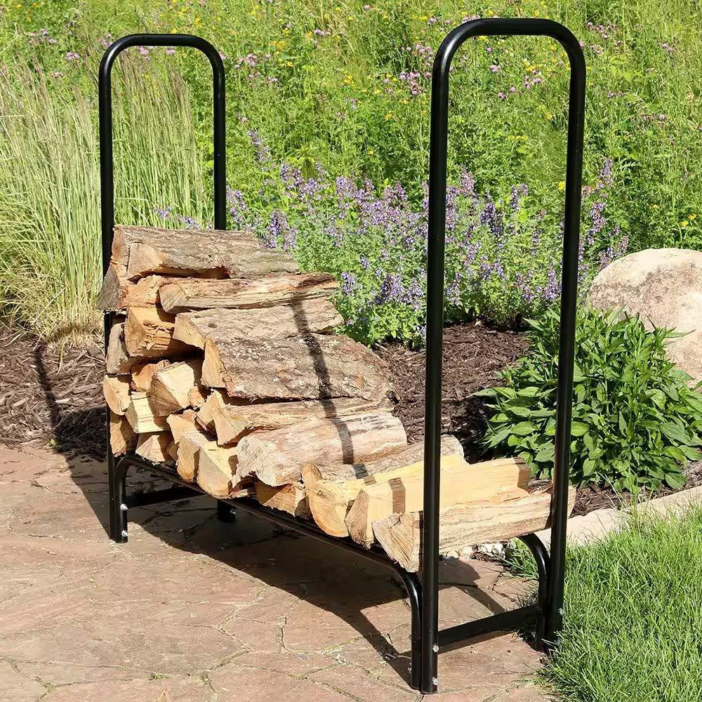Indoor/Outdoor 4-Ft. Black Metal Firewood Rack with Cover - Image 4