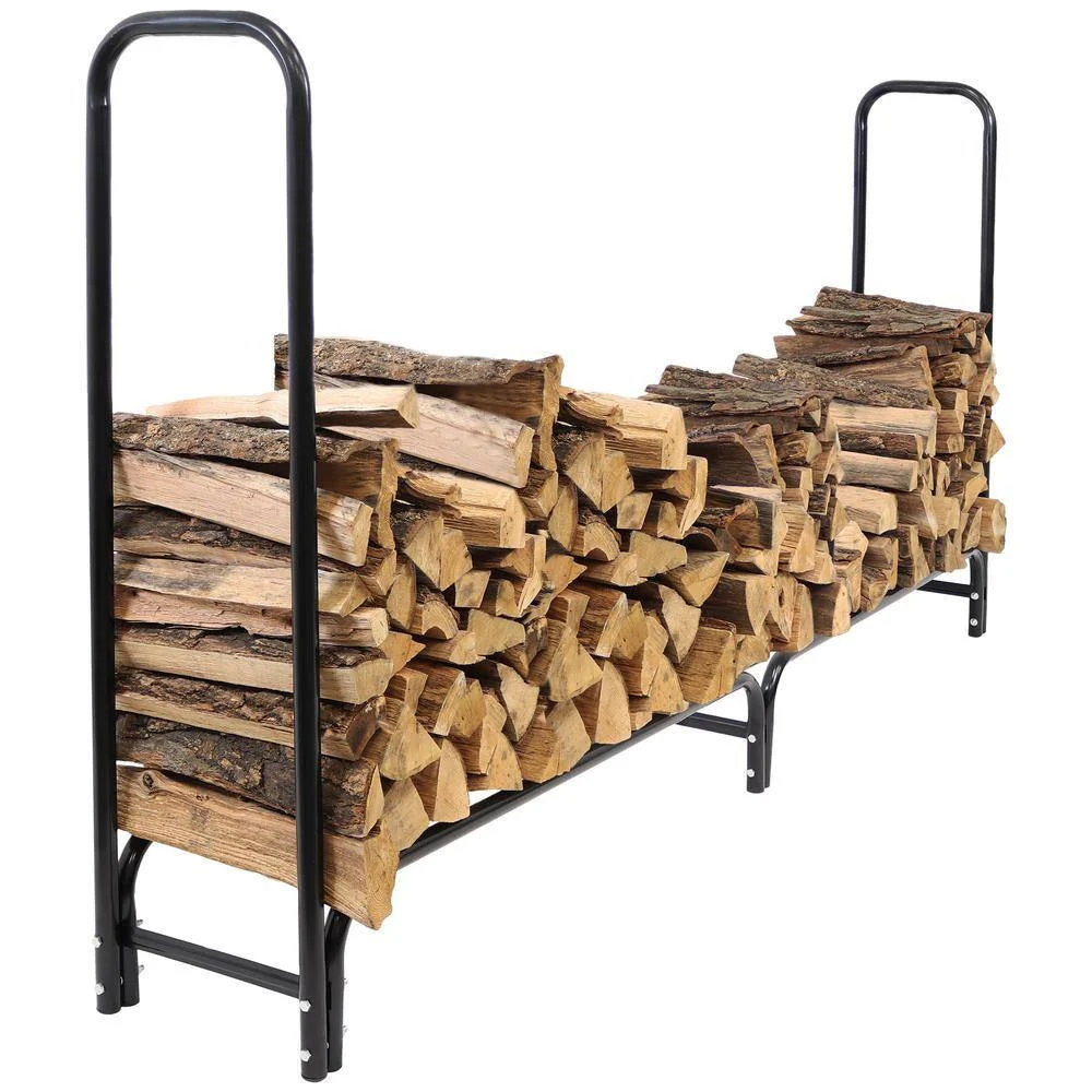 Indoor/Outdoor 8-ft. Black Metal Firewood Rack with Cover - Image 2