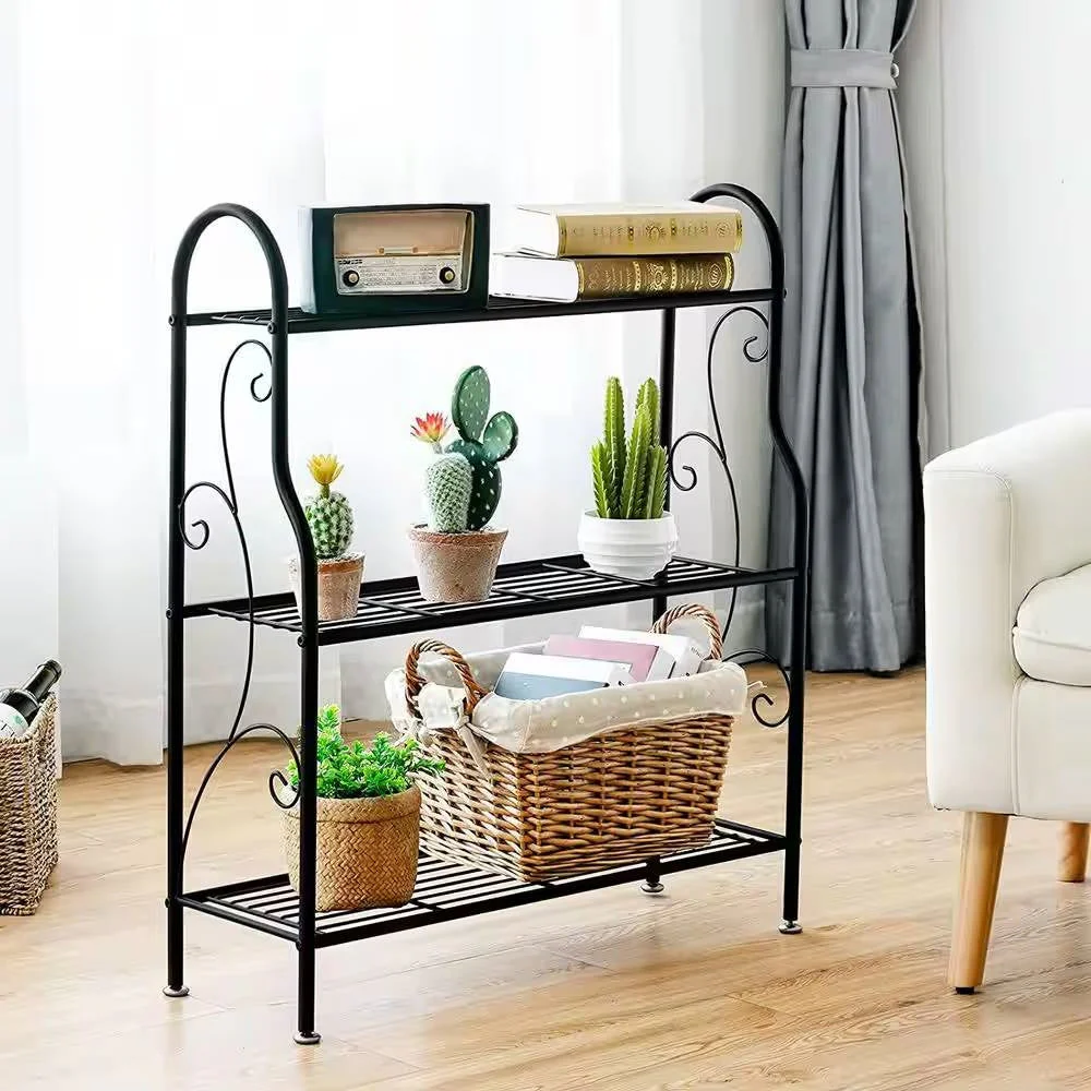 Indoor/Outdoor Black Metal 3-Tier Bookcase Plant Stand Shelving Rack - Image 2