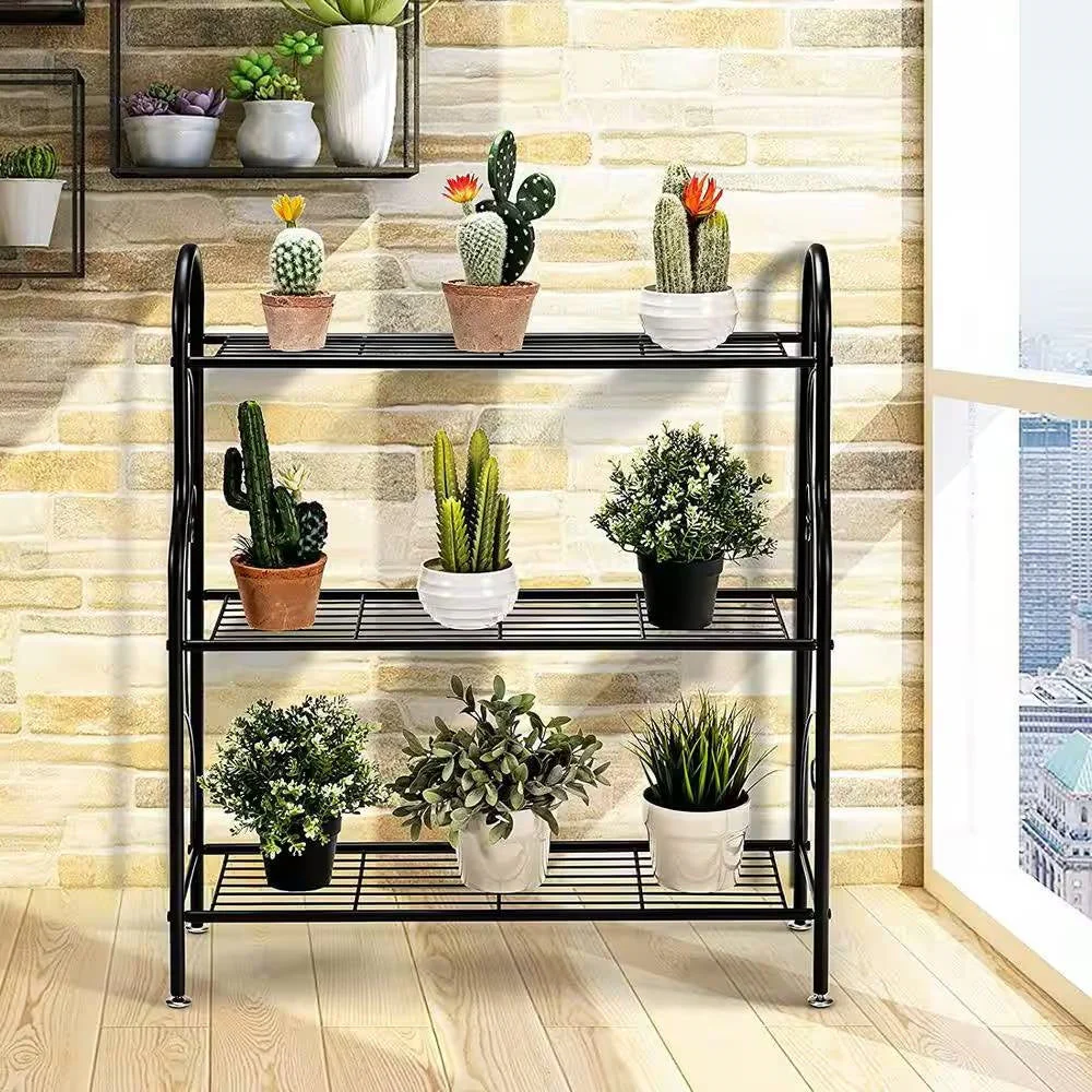 Indoor/Outdoor Black Metal 3-Tier Bookcase Plant Stand Shelving Rack - Image 3