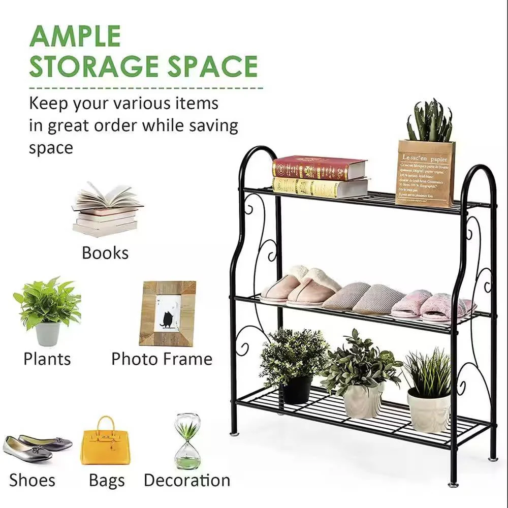Indoor/Outdoor Black Metal 3-Tier Bookcase Plant Stand Shelving Rack - Image 4