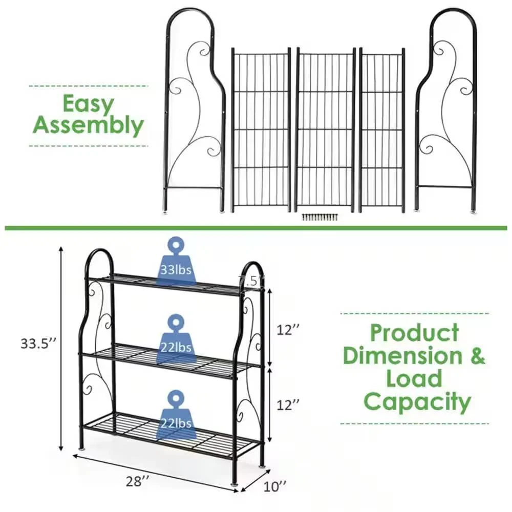 Indoor/Outdoor Black Metal 3-Tier Bookcase Plant Stand Shelving Rack - Image 5
