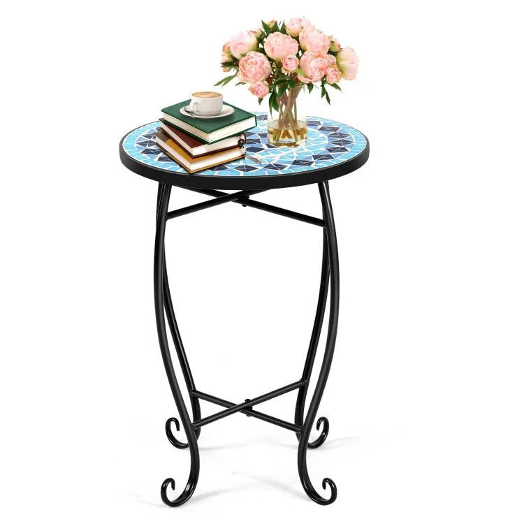 Indoor/Outdoor Blue Mosaic Round Side Accent Table Plant Stand - Image 2