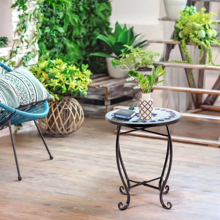 Indoor/Outdoor Blue Mosaic Round Side Accent Table Plant Stand - Image 3