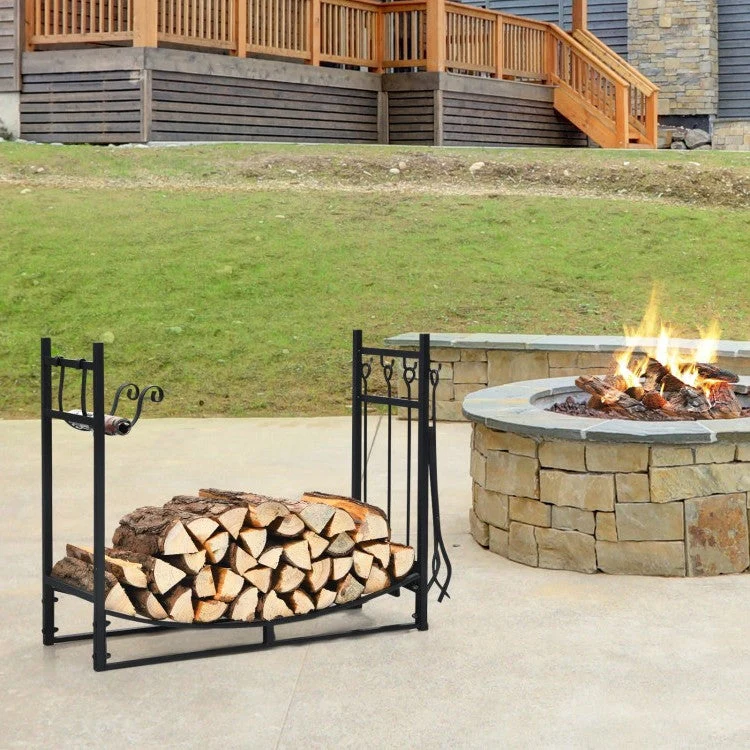 Indoor/Outdoor Heavy Duty Steel Firewood Storage w/ Kindling Holders, Shovel - Image 2