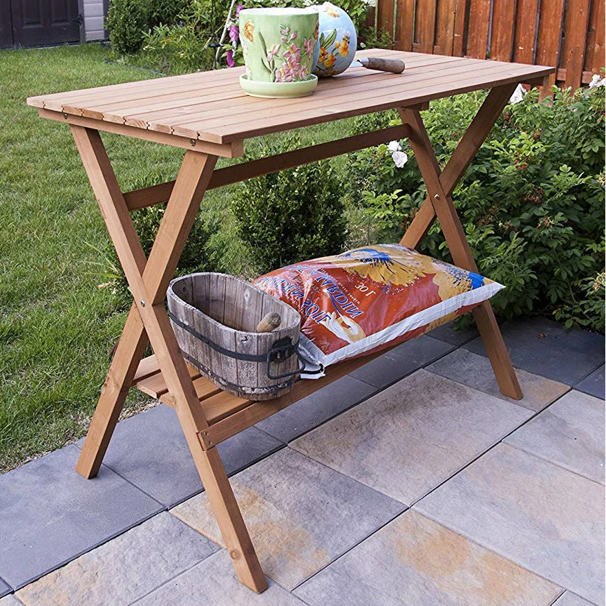 Indoor Outdoor Wood Potting Bench Garden Table with Lower Shelf - Image 2