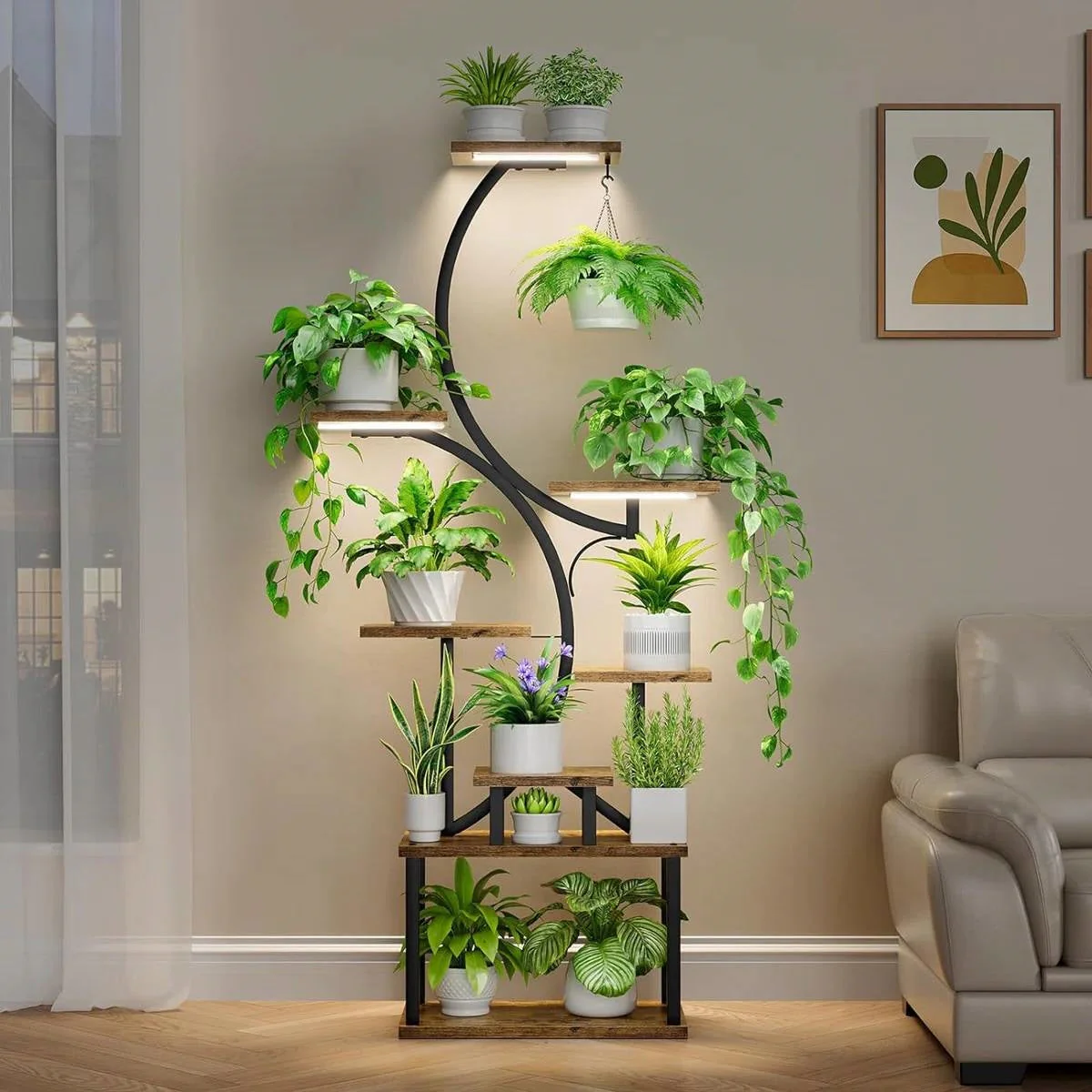 Indoor Plant Stand with Black Metal Frame and Wood Finish Shelves - Image 2